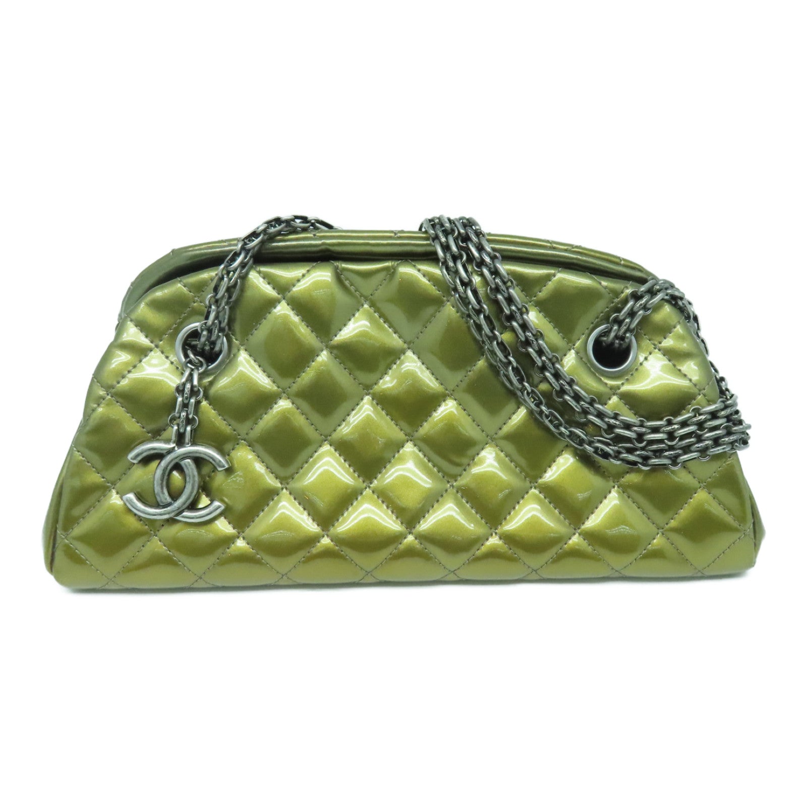 CHANEL rhombic patent leather Chain Shoulder Bag silver buckle chain shoulder bag gold