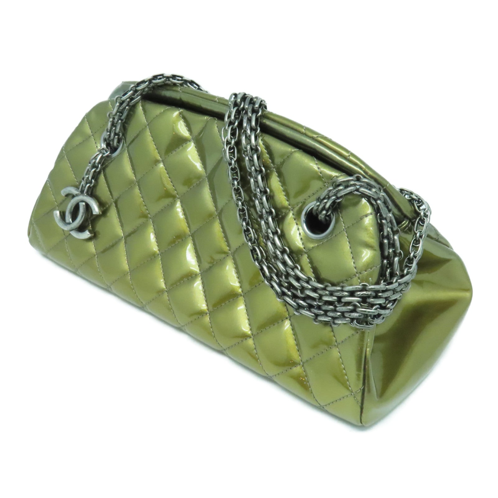 CHANEL rhombic patent leather Chain Shoulder Bag silver buckle chain shoulder bag gold