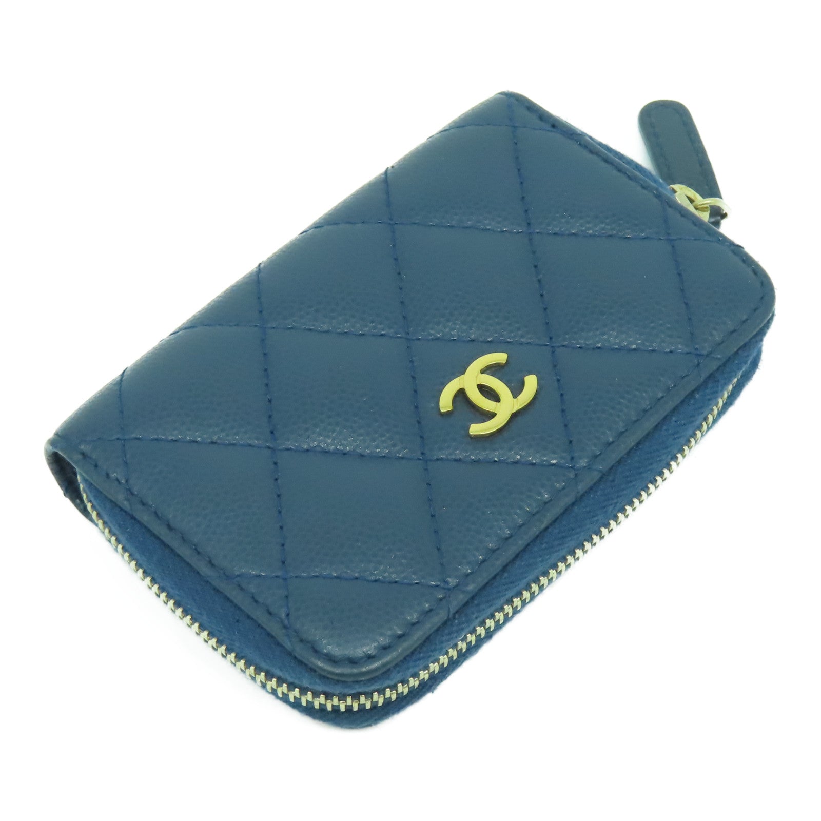 CHANEL 菱格Caviar皮革Coin Case金扣零錢包藍色