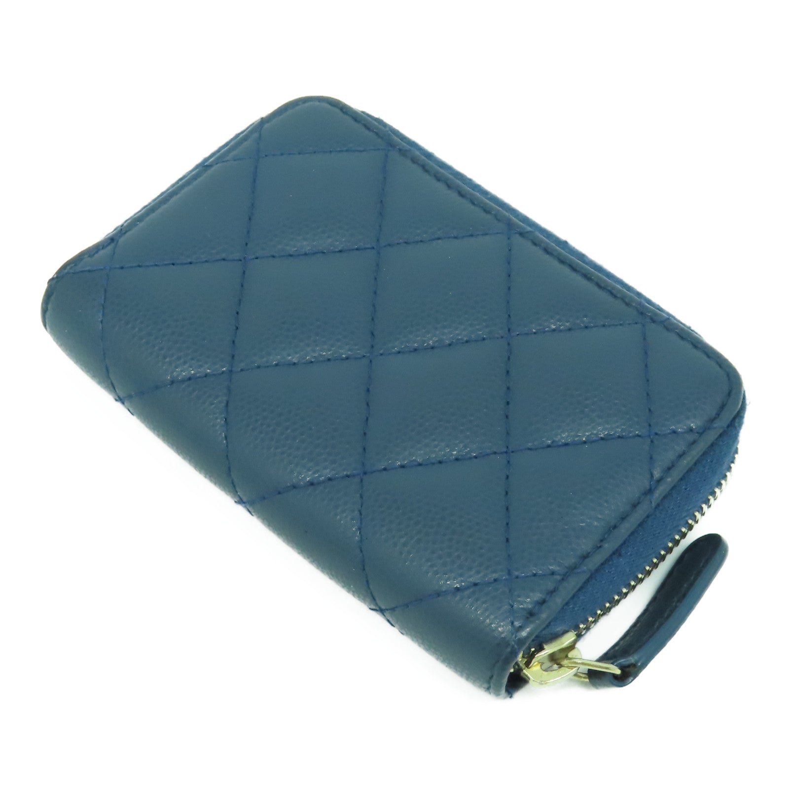 CHANEL 菱格Caviar皮革Coin Case金扣零錢包藍色