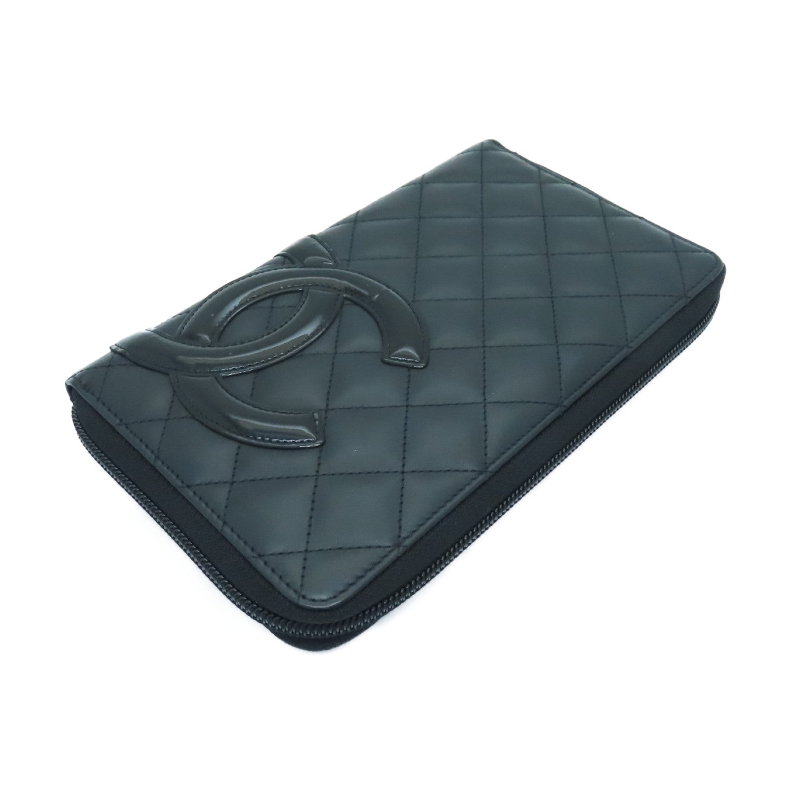 CHANEL 菱格牛皮皮革Canbom Wallet银扣长钱包黑色