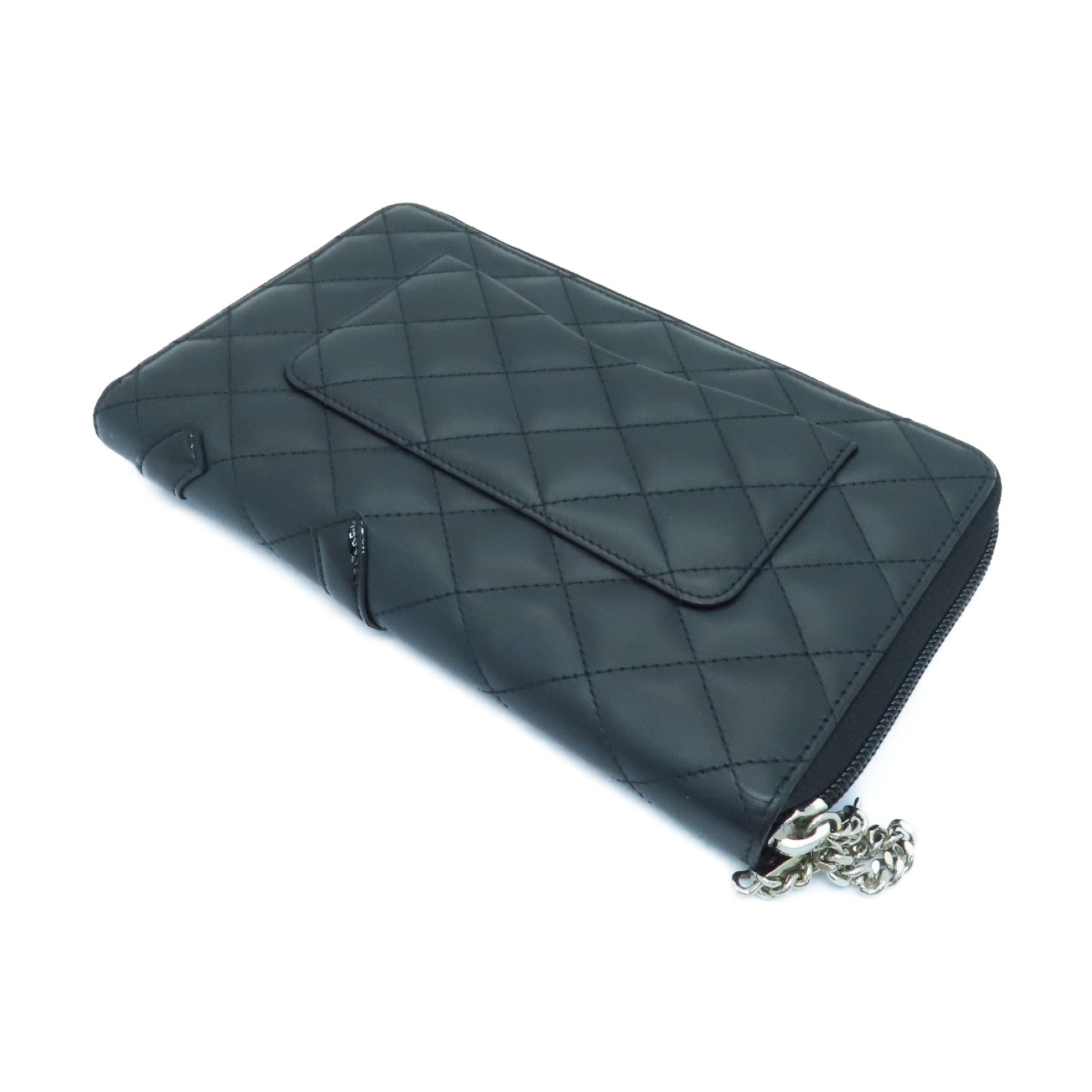 CHANEL 菱格牛皮皮革Canbom Wallet银扣长钱包黑色