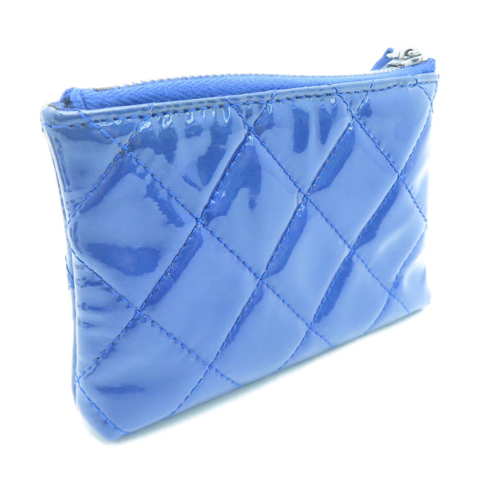 CHANEL 菱格漆皮皮革Coin Case银扣零钱包蓝色