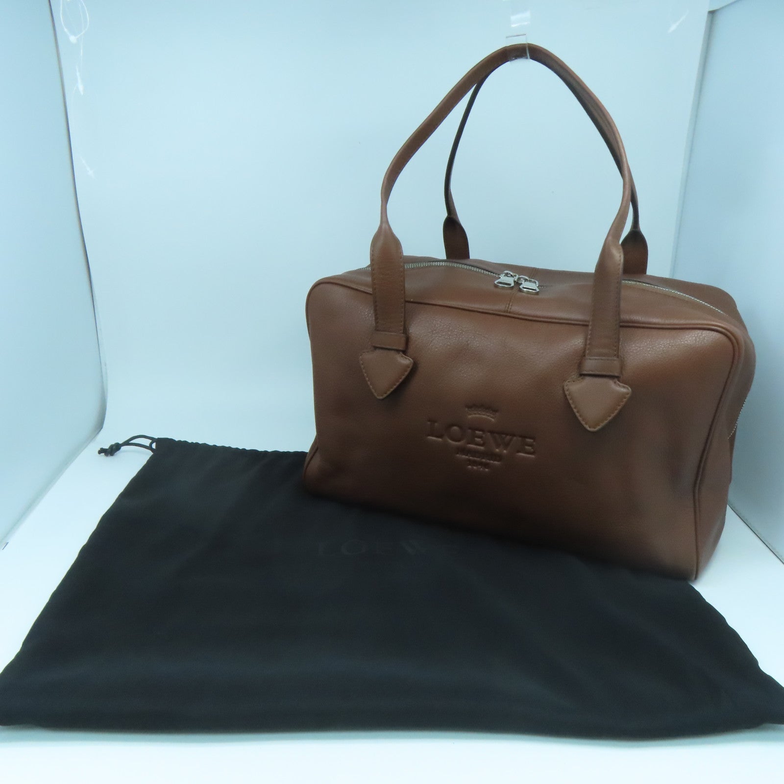 LOEWE 牛皮皮革Hand Bag銀扣手挽袋啡色
