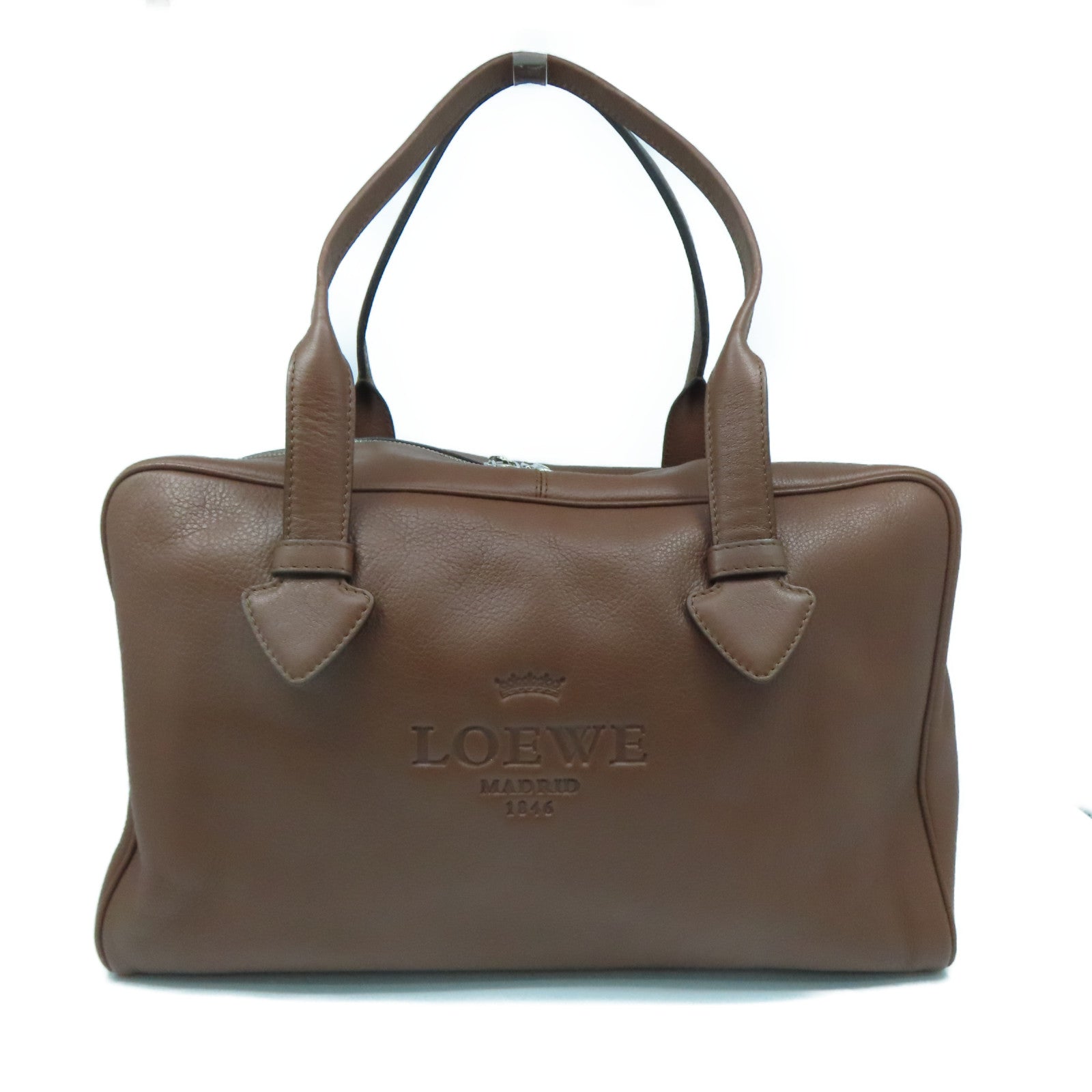 LOEWE 牛皮皮革Hand Bag銀扣手挽袋啡色