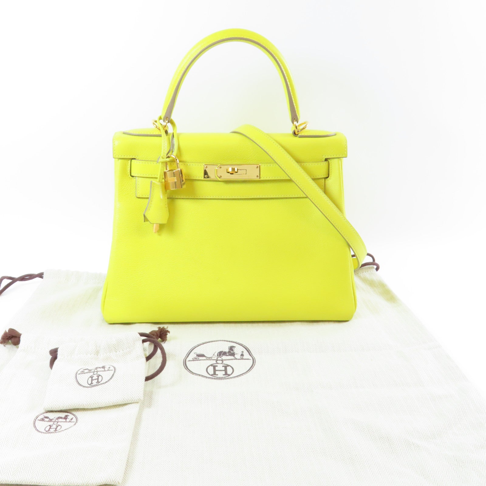 HERMES Evercolor皮革Kelly 28金扣手挽肩背兩用袋Lime檸檬黃色