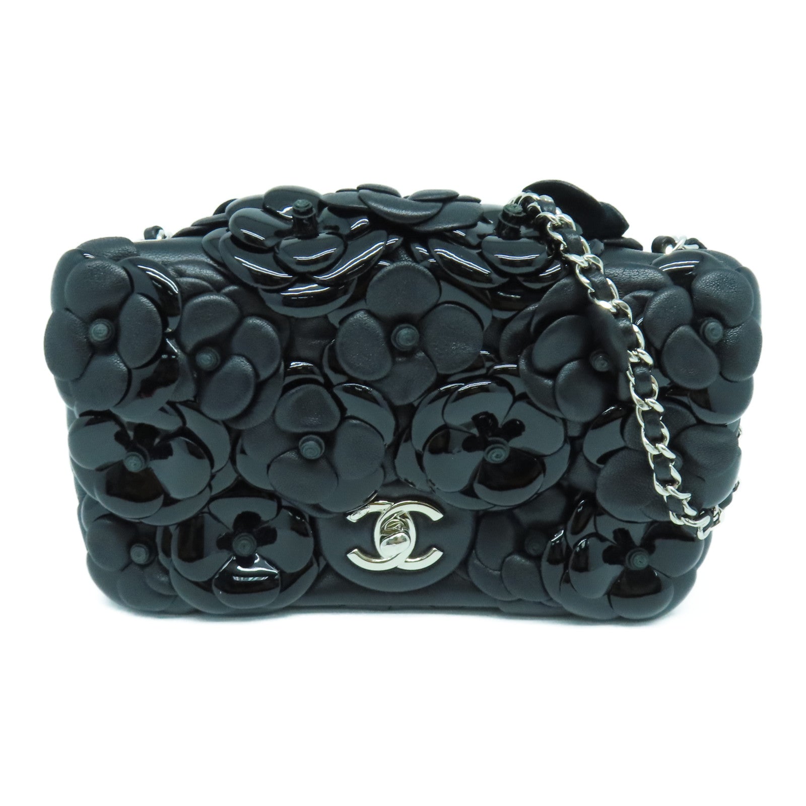 CHANEL 牛皮皮革Chain Shoulder銀扣鏈帶肩背袋黑色