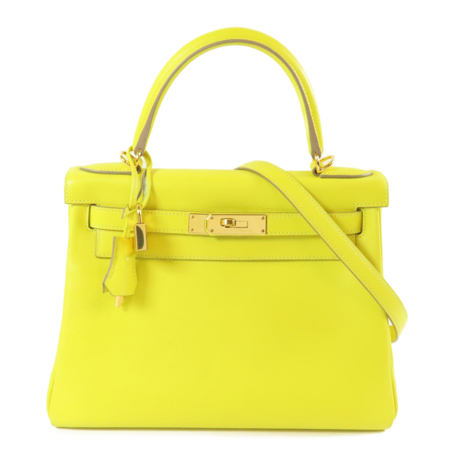 HERMES Evercolor皮革Kelly 28金扣手挽肩背兩用袋Lime檸檬黃色