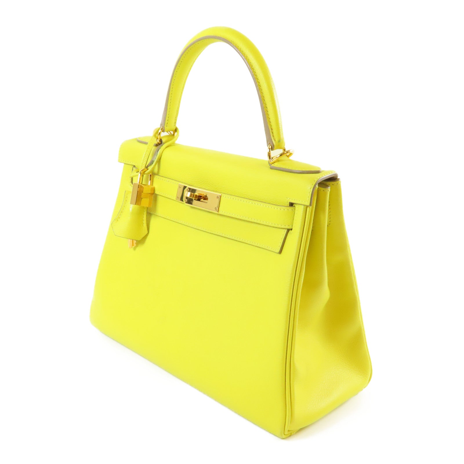 HERMES Evercolor皮革Kelly 28金扣手挽肩背兩用袋Lime檸檬黃色