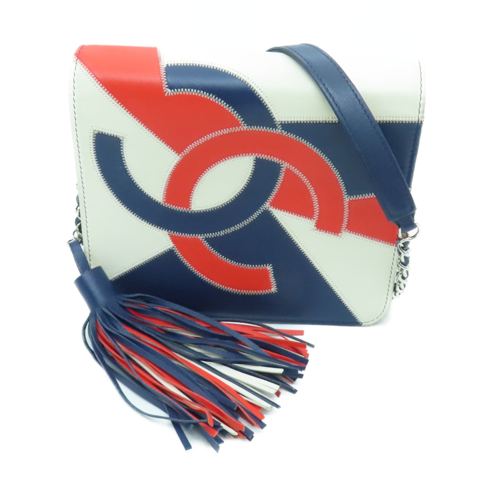 CHANEL 羊皮皮革CC Tassel Flap Bag銀扣鏈帶肩背袋紅色/藍色/白色