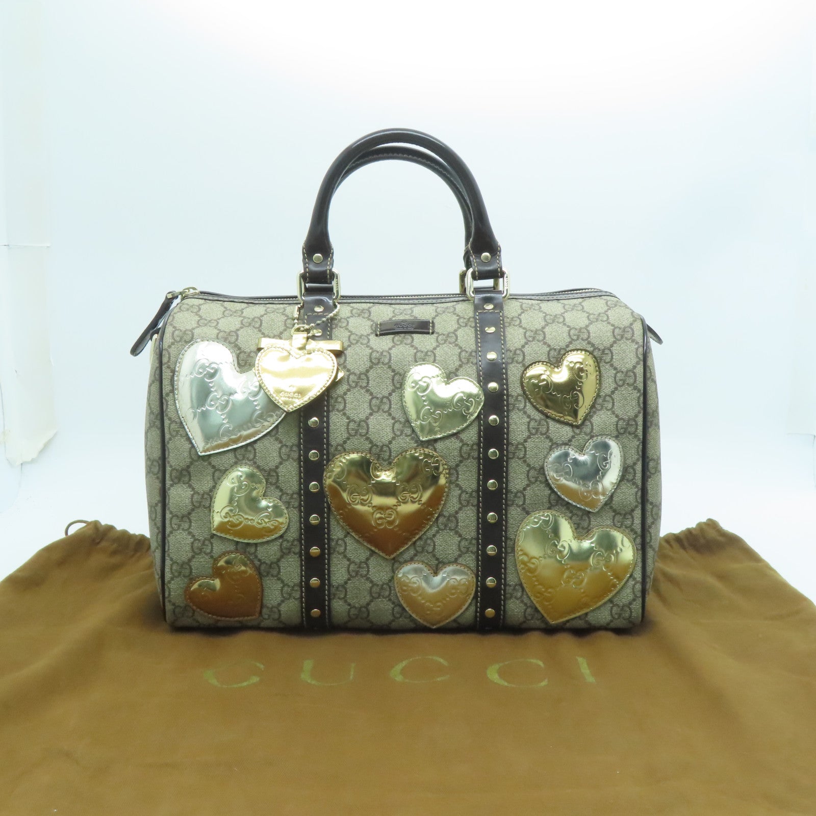 GUCCI 塗層帆布Boston Bag金扣手拿包棕色