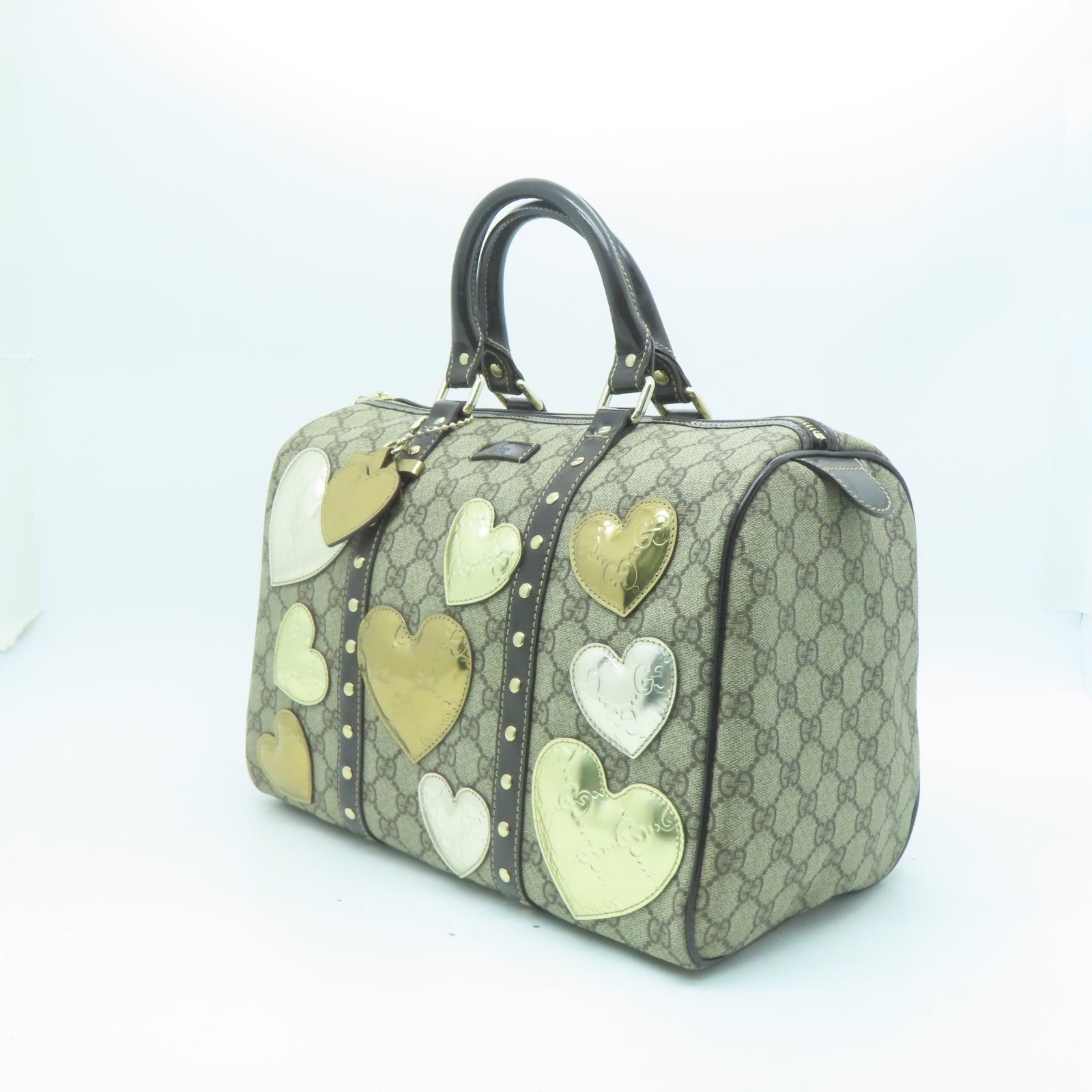 GUCCI 塗層帆布Boston Bag金扣手拿包棕色