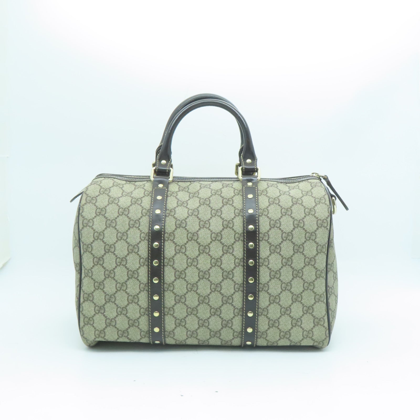GUCCI 塗層帆布Boston Bag金扣手拿包棕色