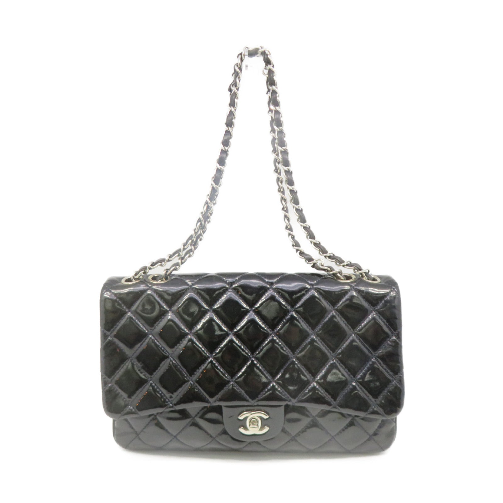 CHANEL 菱格漆皮皮革Chain Shoulder Bag银扣链带肩背袋黑色/宝蓝色