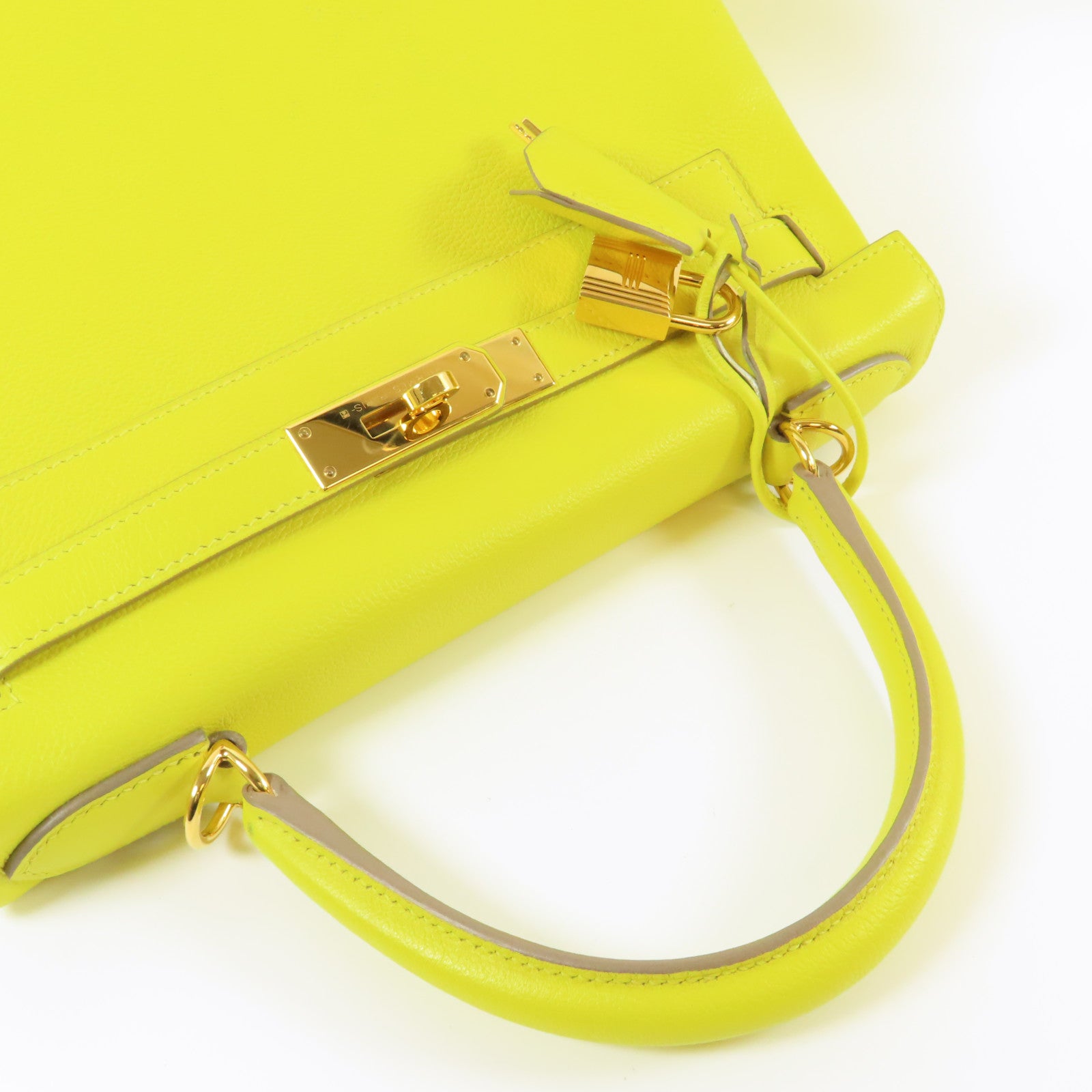 HERMES Evercolor皮革Kelly 28金扣手挽肩背兩用袋Lime檸檬黃色
