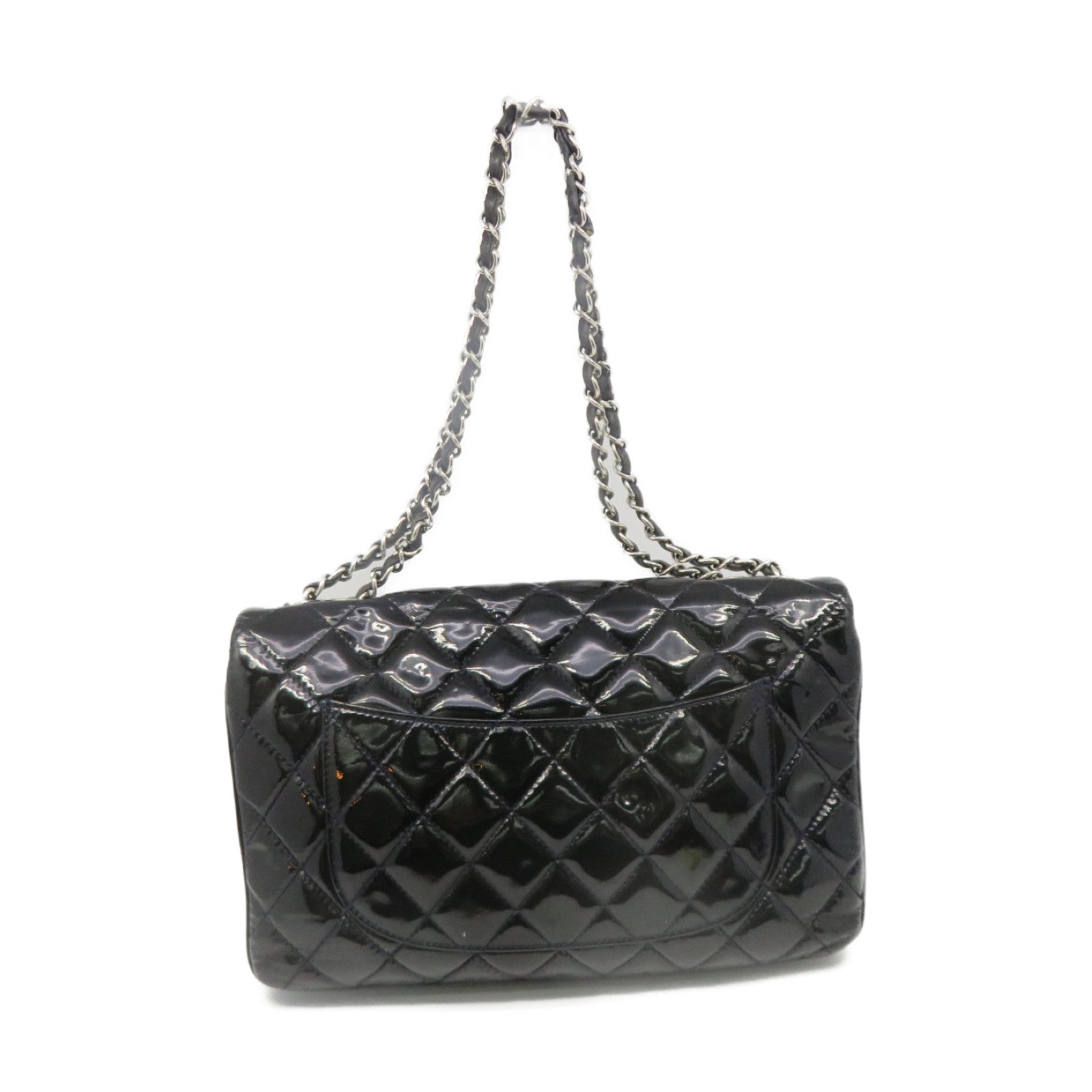 CHANEL 菱格漆皮皮革Chain Shoulder Bag银扣链带肩背袋黑色/宝蓝色