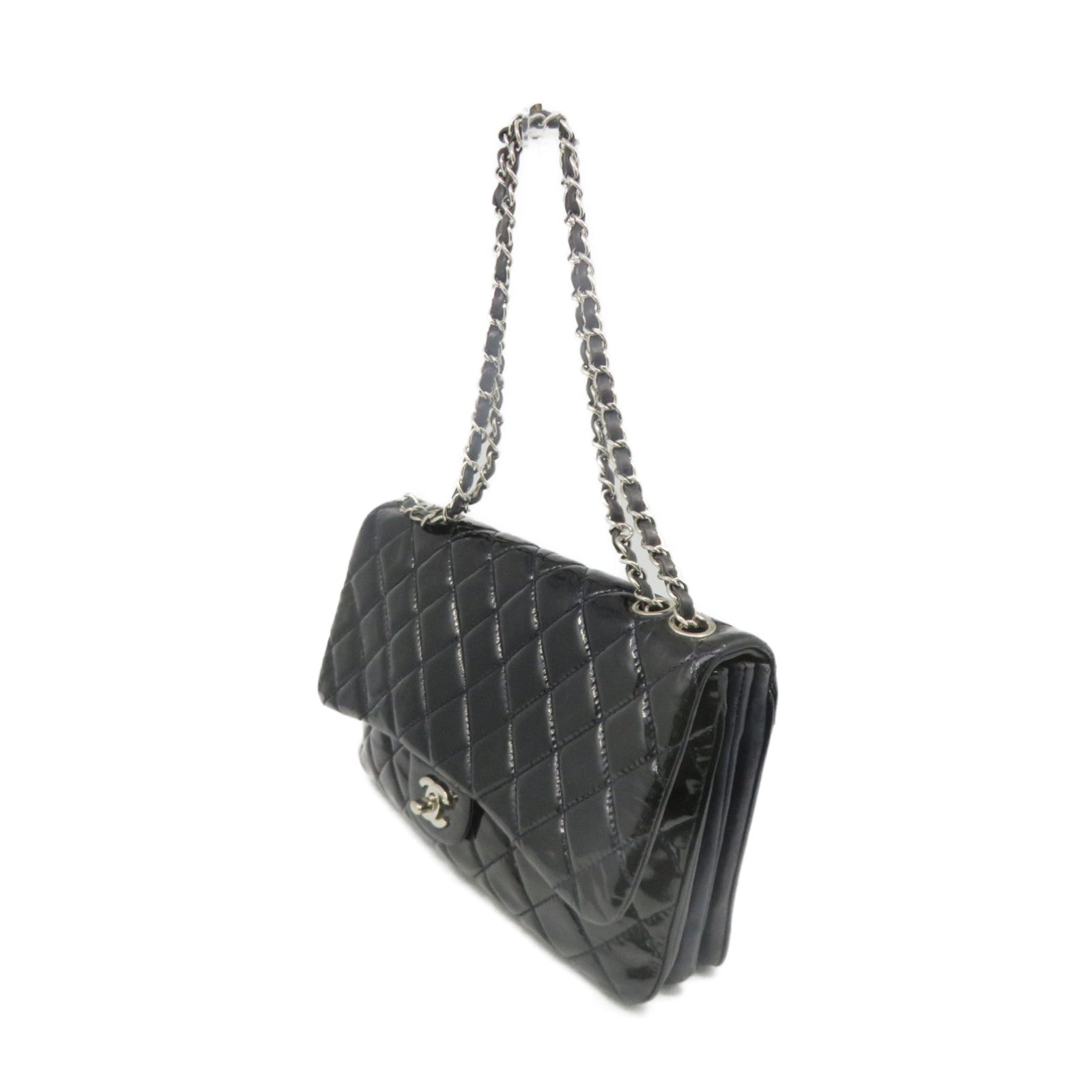 CHANEL 菱格漆皮皮革Chain Shoulder Bag银扣链带肩背袋黑色/宝蓝色