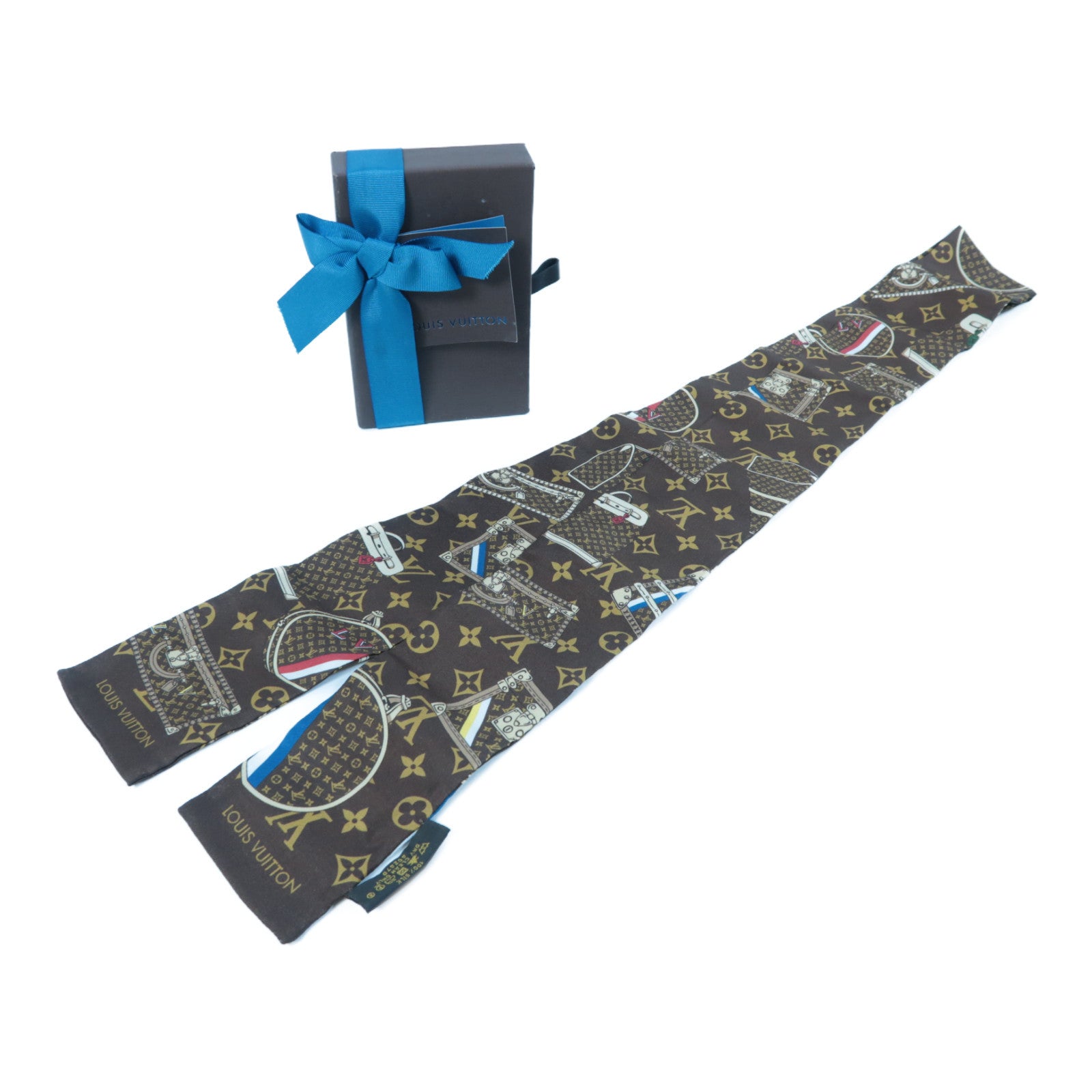 LOUIS VUITTON 絲質Monogram Trunks Bandeau Scarf絲巾啡色