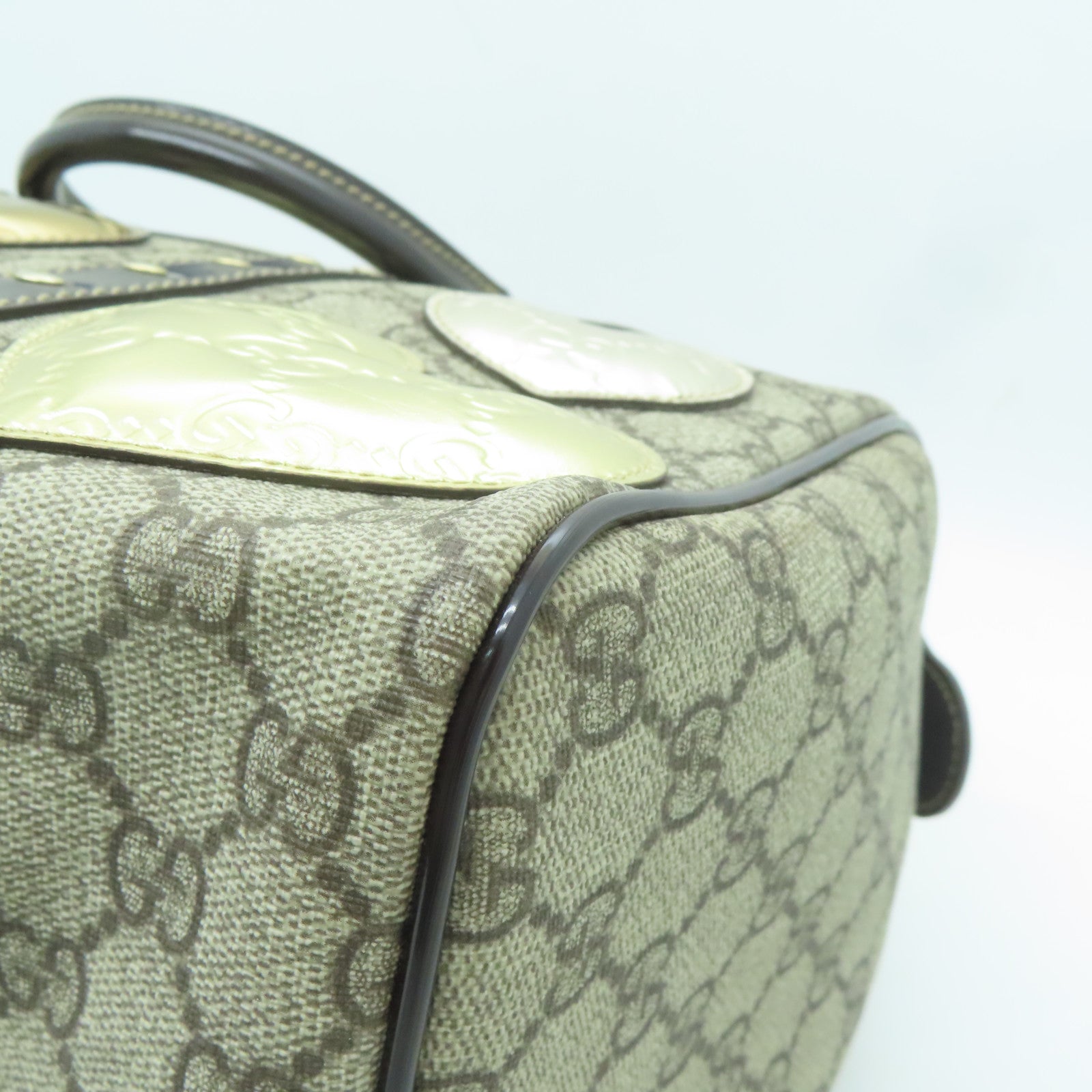 GUCCI 塗層帆布Boston Bag金扣手拿包棕色