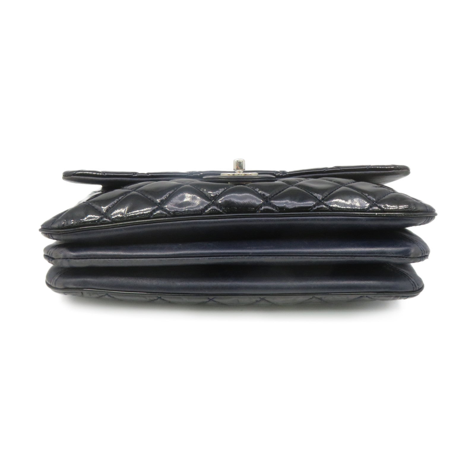 CHANEL 菱格漆皮皮革Chain Shoulder Bag银扣链带肩背袋黑色/宝蓝色