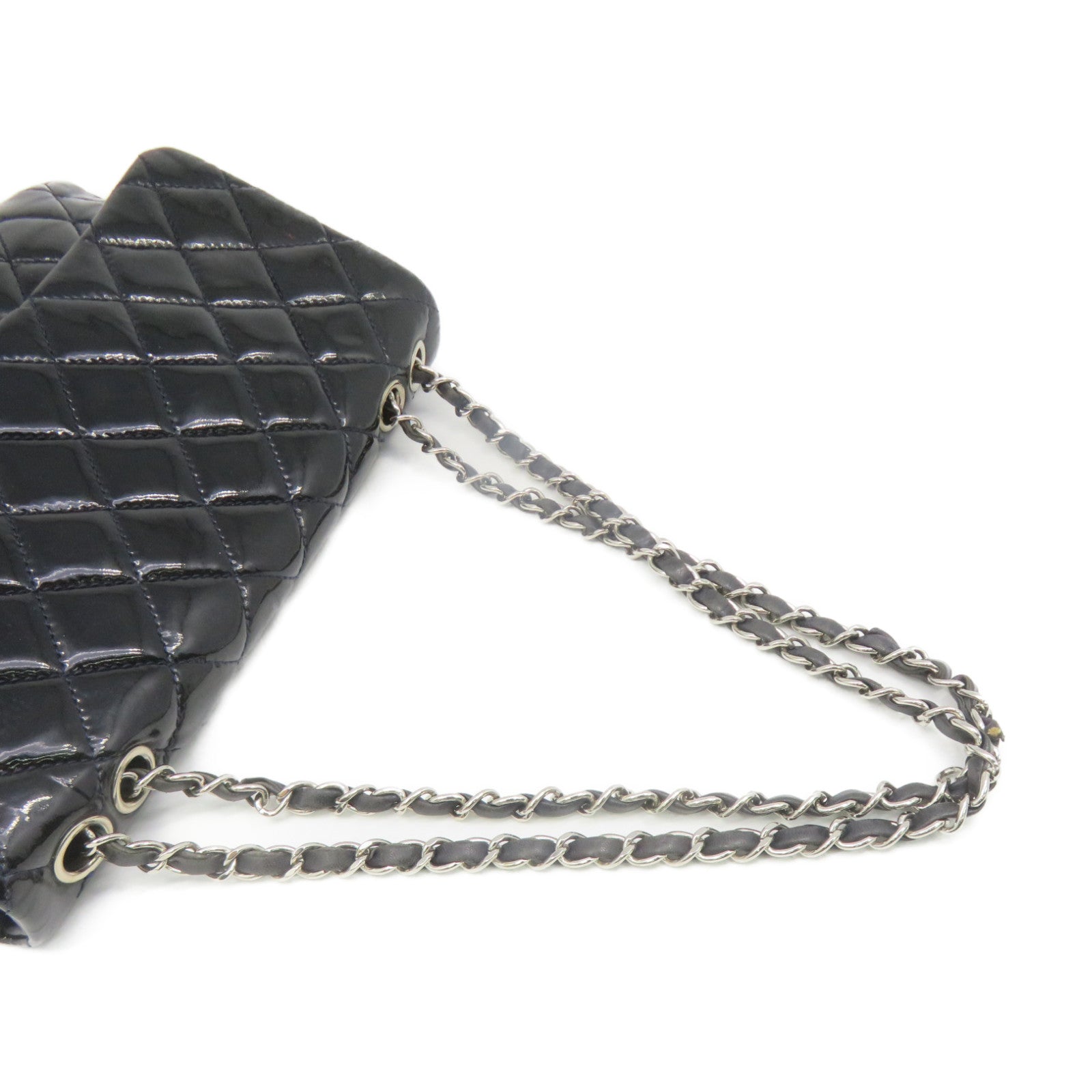 CHANEL 菱格漆皮皮革Chain Shoulder Bag银扣链带肩背袋黑色/宝蓝色
