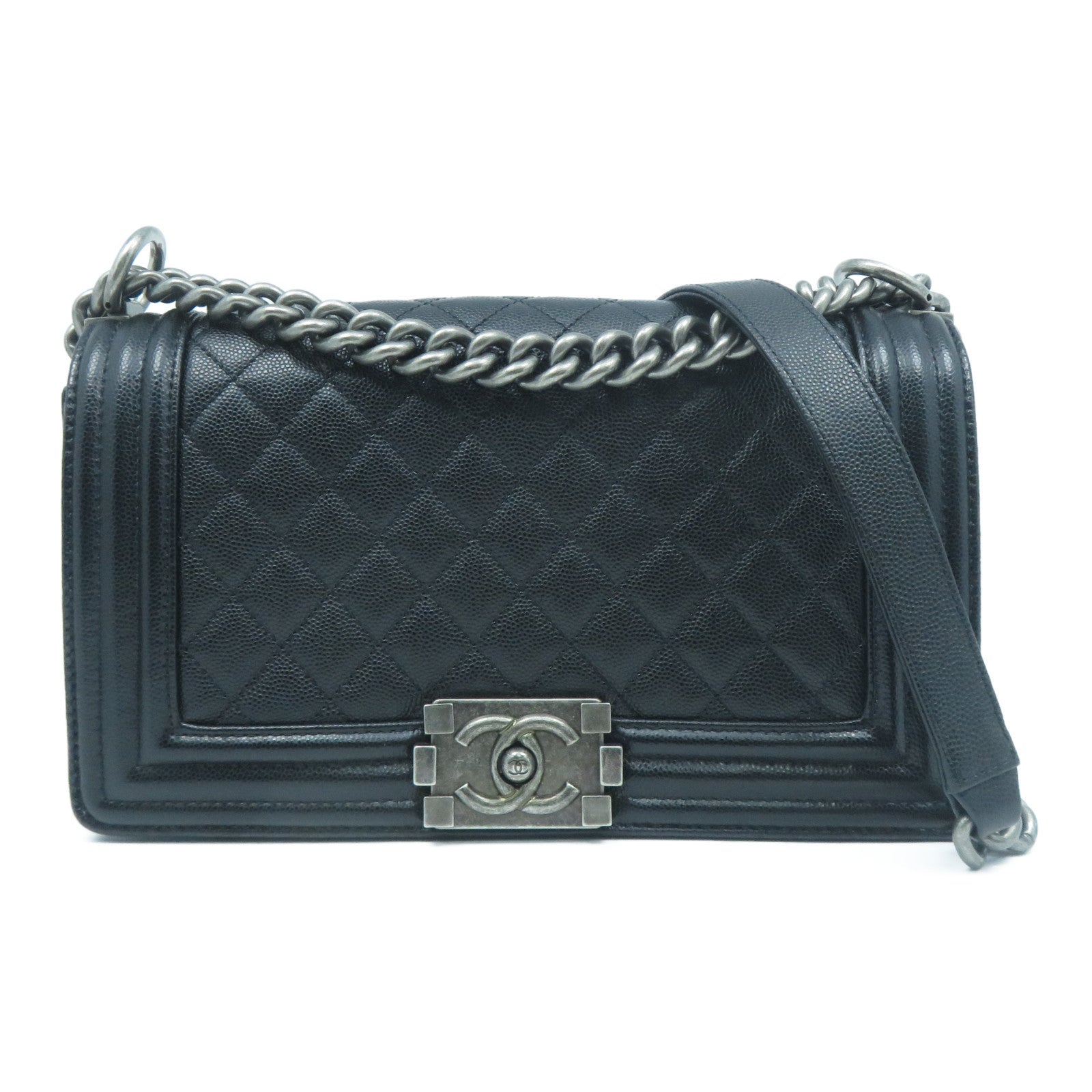 CHANEL 菱格Boy Chanel 25cm銀扣鏈帶肩背袋黑色