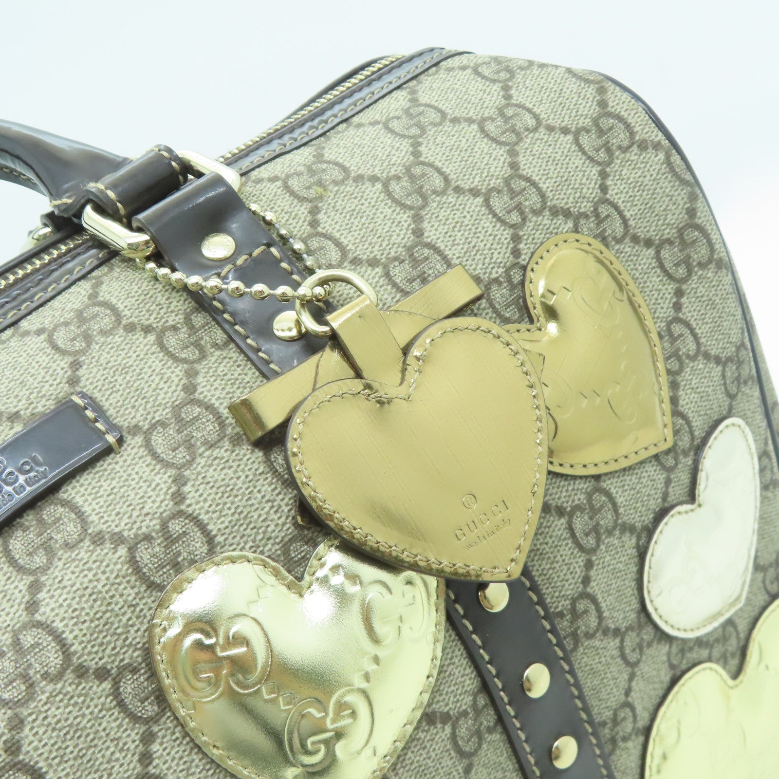 GUCCI 塗層帆布Boston Bag金扣手拿包棕色