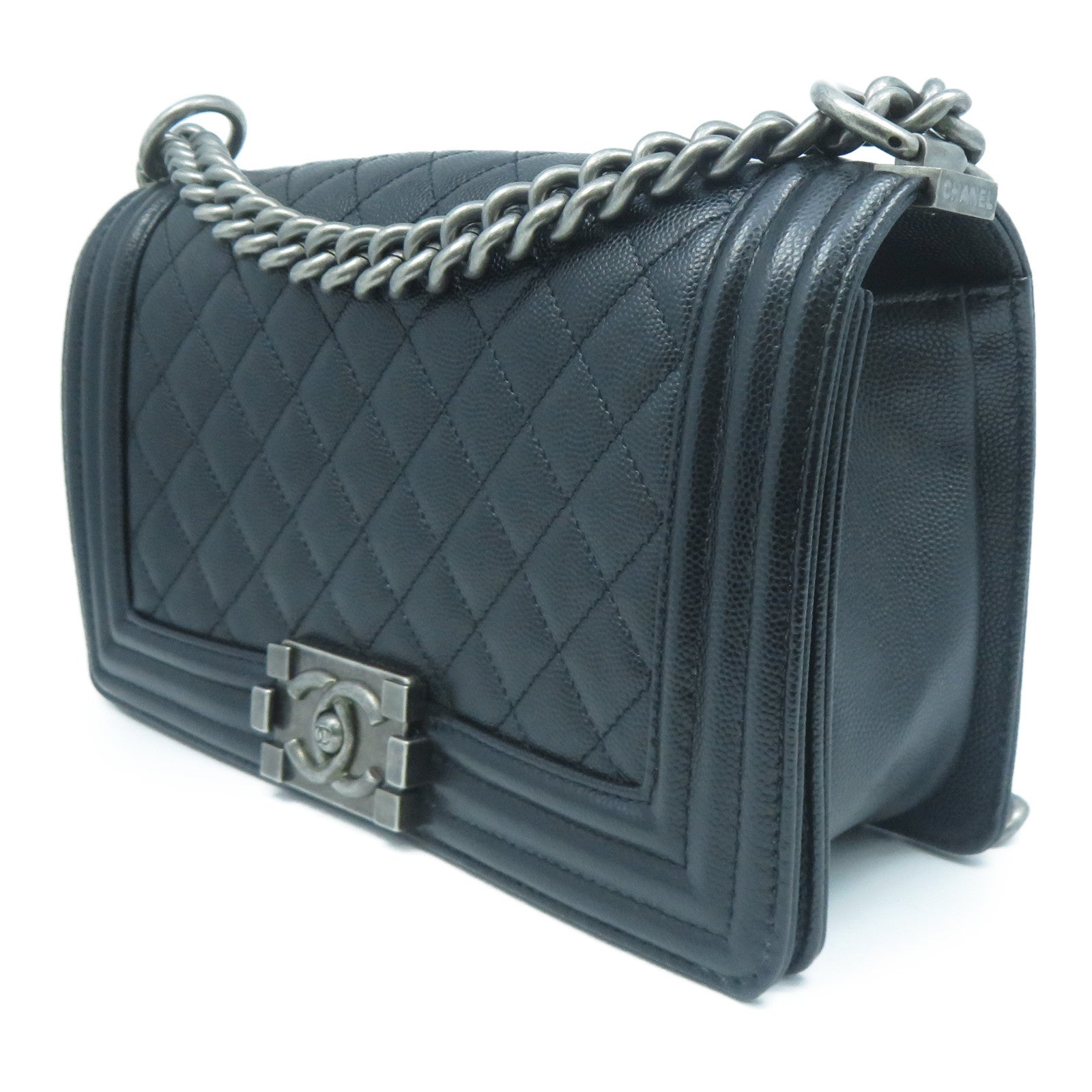 CHANEL 菱格Boy Chanel 25cm銀扣鏈帶肩背袋黑色