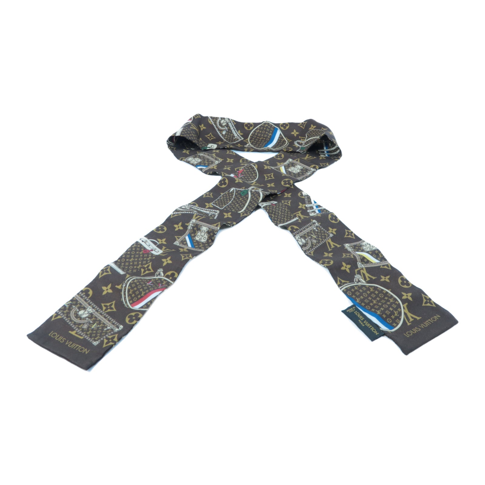 LOUIS VUITTON 絲質Monogram Trunks Bandeau Scarf絲巾啡色