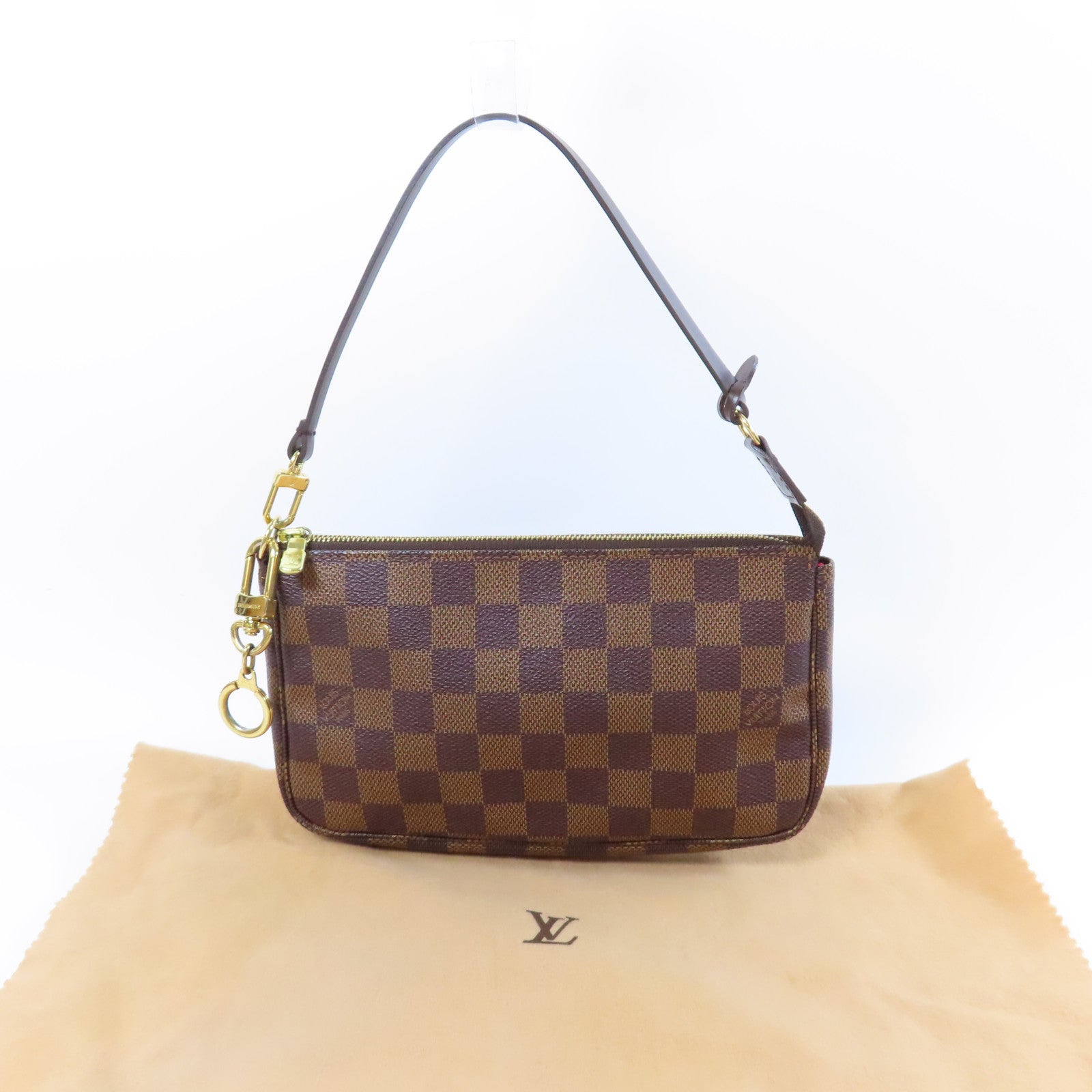 LOUIS VUITTON Damier Ebene Pochette Accessories金扣鏈帶肩背袋啡色