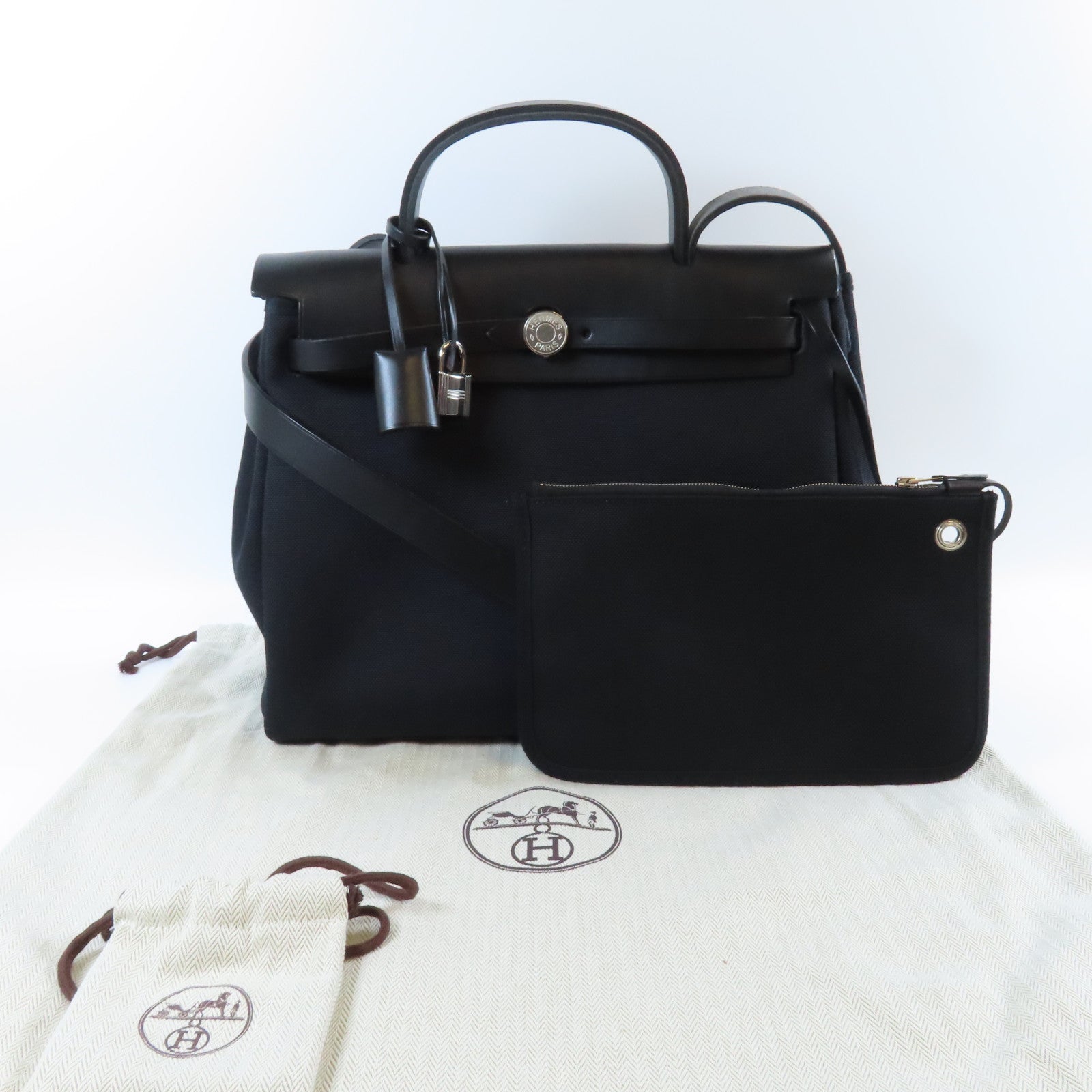 HERMES 皮革/帆布Herbag PM銀扣手挽肩背兩用袋Noir黑色