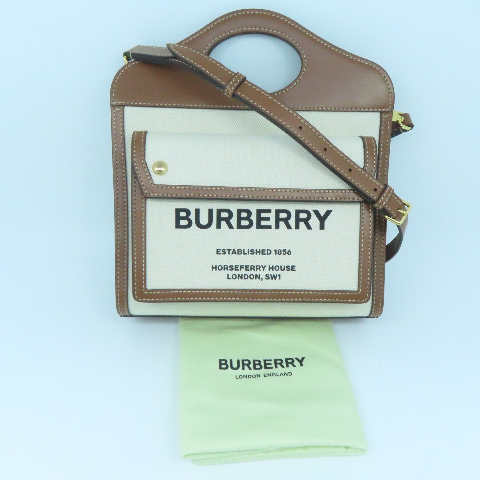 BURBERRY 牛皮皮革/帆布Medium Pocket Bag金扣手挽肩背兩用袋啡色米色
