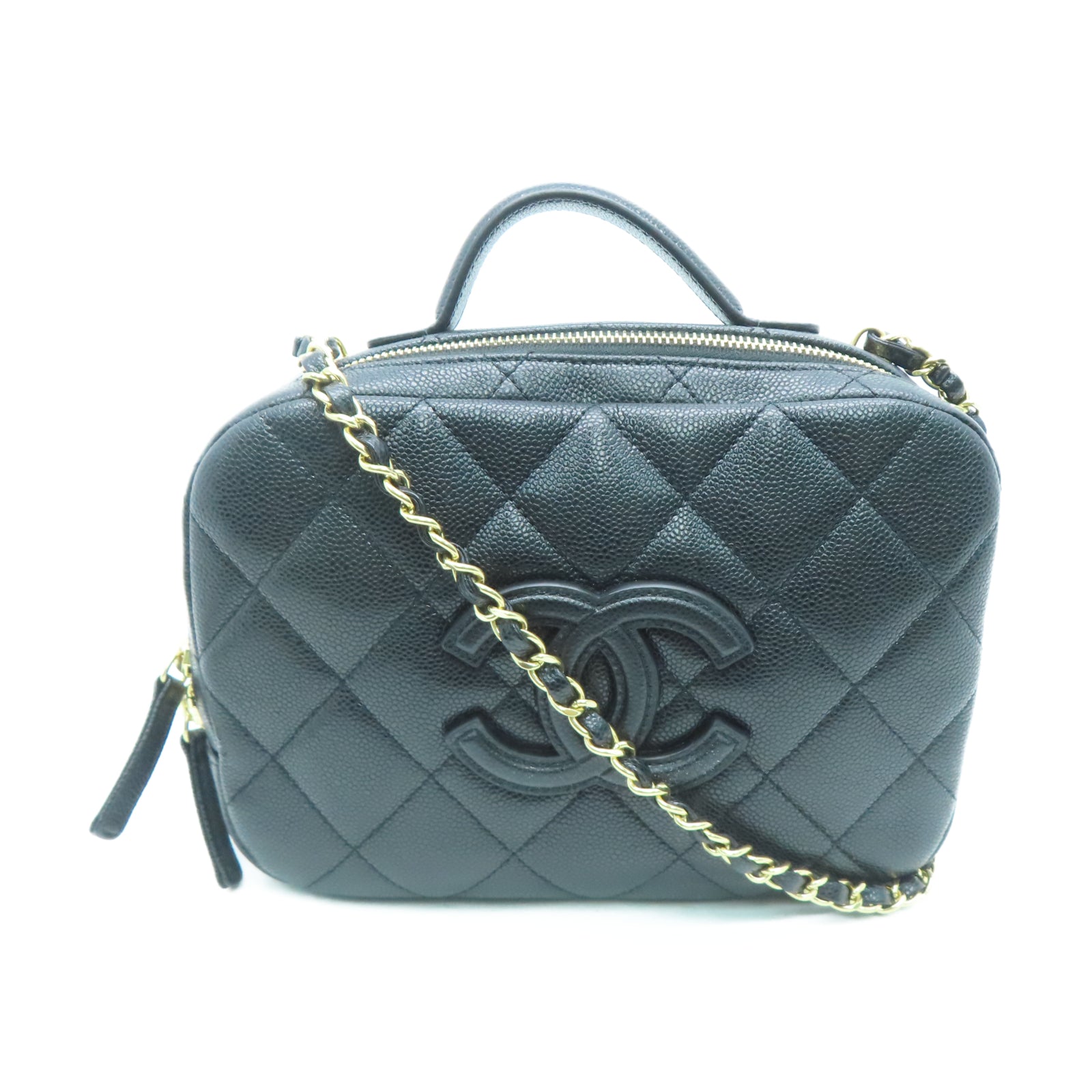 CHANEL 菱格Caviar皮革2 Way Chain Shoulder金扣链带肩背袋黑色