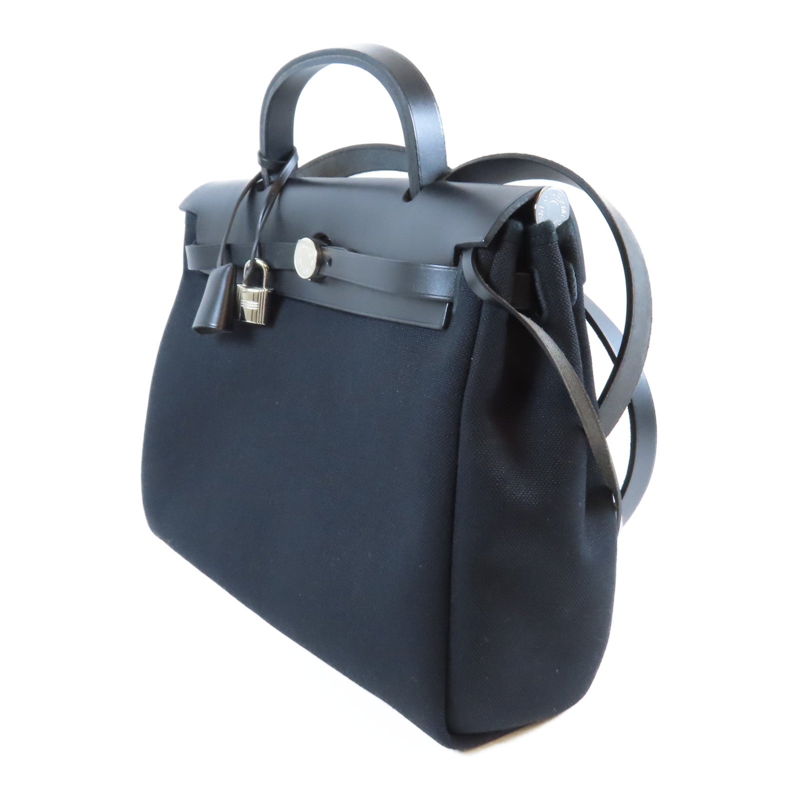 HERMES 皮革/帆布Herbag PM銀扣手挽肩背兩用袋Noir黑色