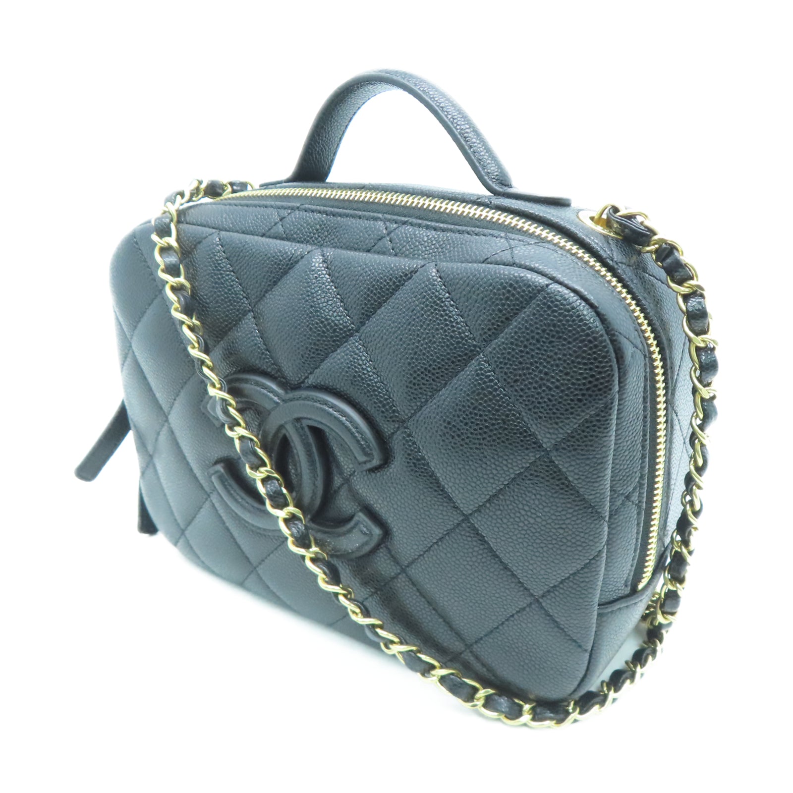 CHANEL 菱格Caviar皮革2 Way Chain Shoulder金扣链带肩背袋黑色