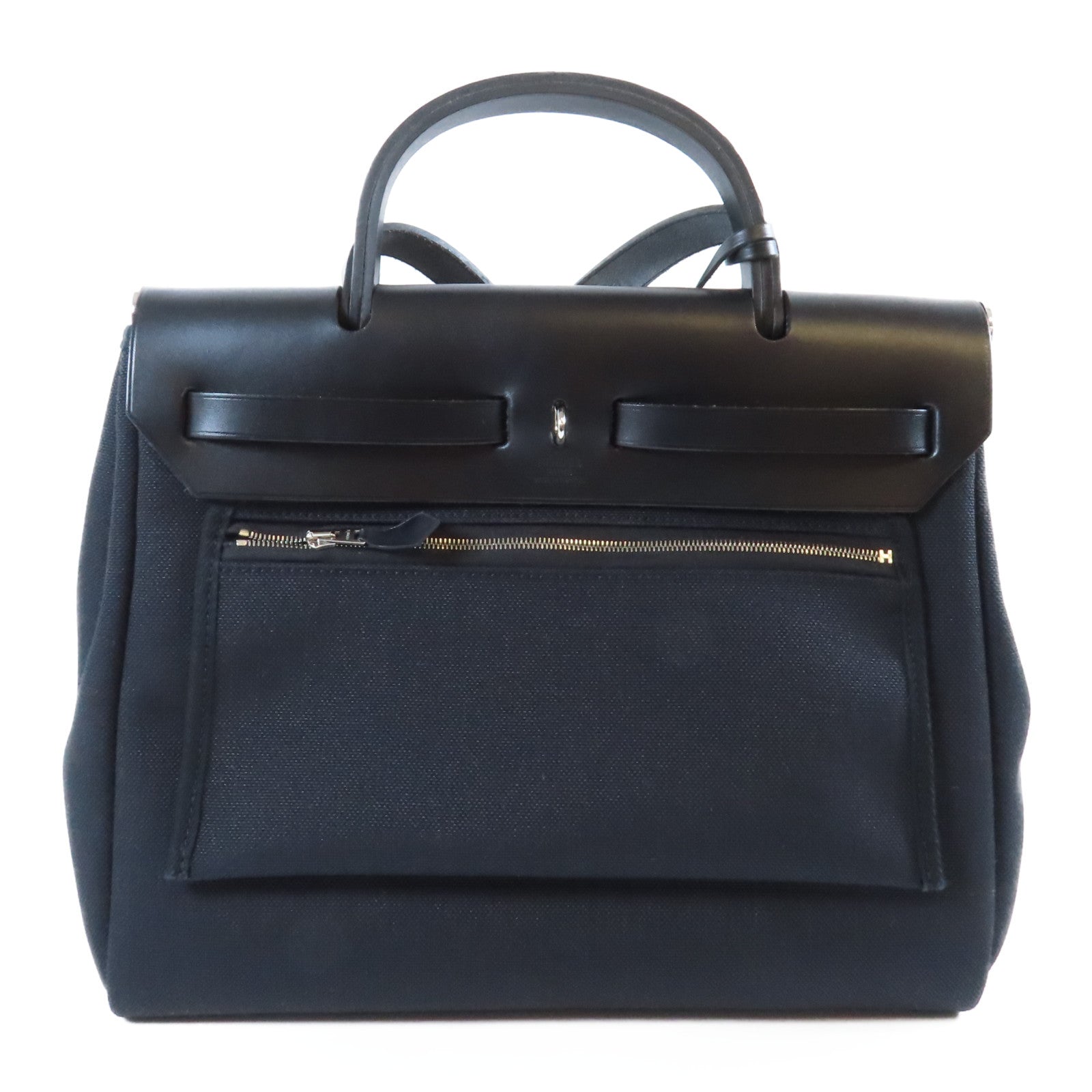 HERMES 皮革/帆布Herbag PM銀扣手挽肩背兩用袋Noir黑色