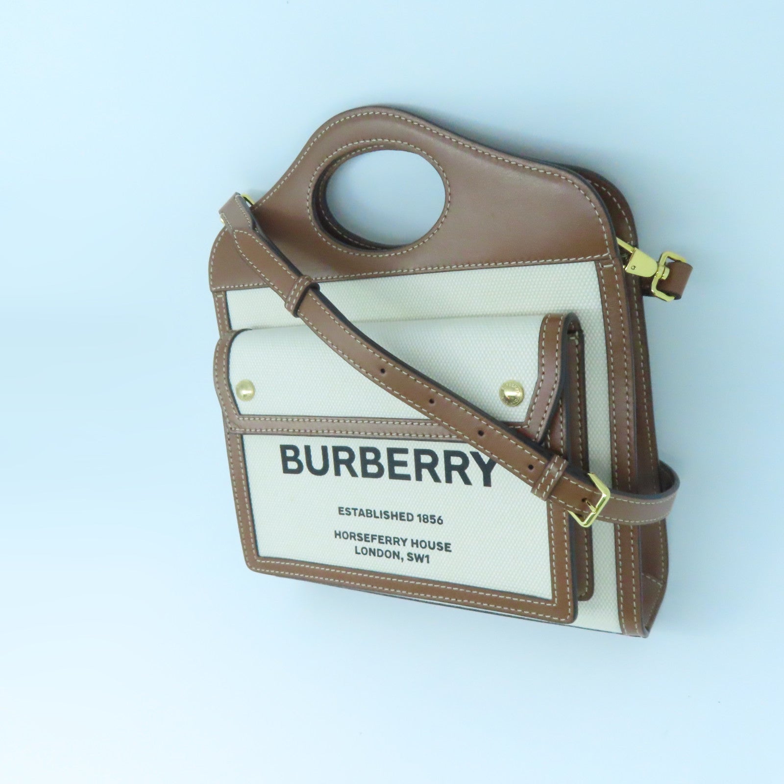 BURBERRY Cowhide Leather/Canvas Medium Pocket Bag Gold Buckle