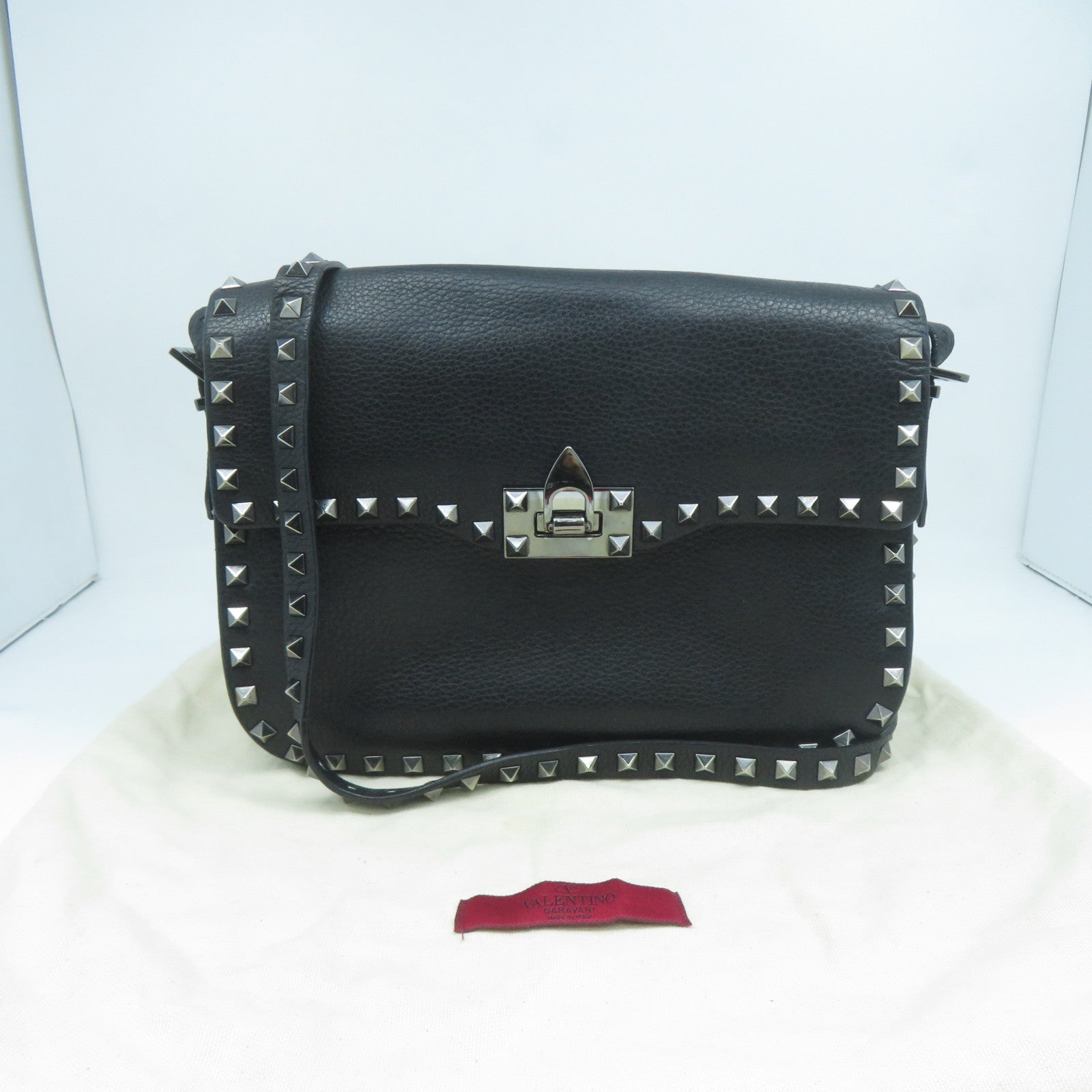 Valentino 牛皮皮革Shoulder Bag銀扣肩背包黑色