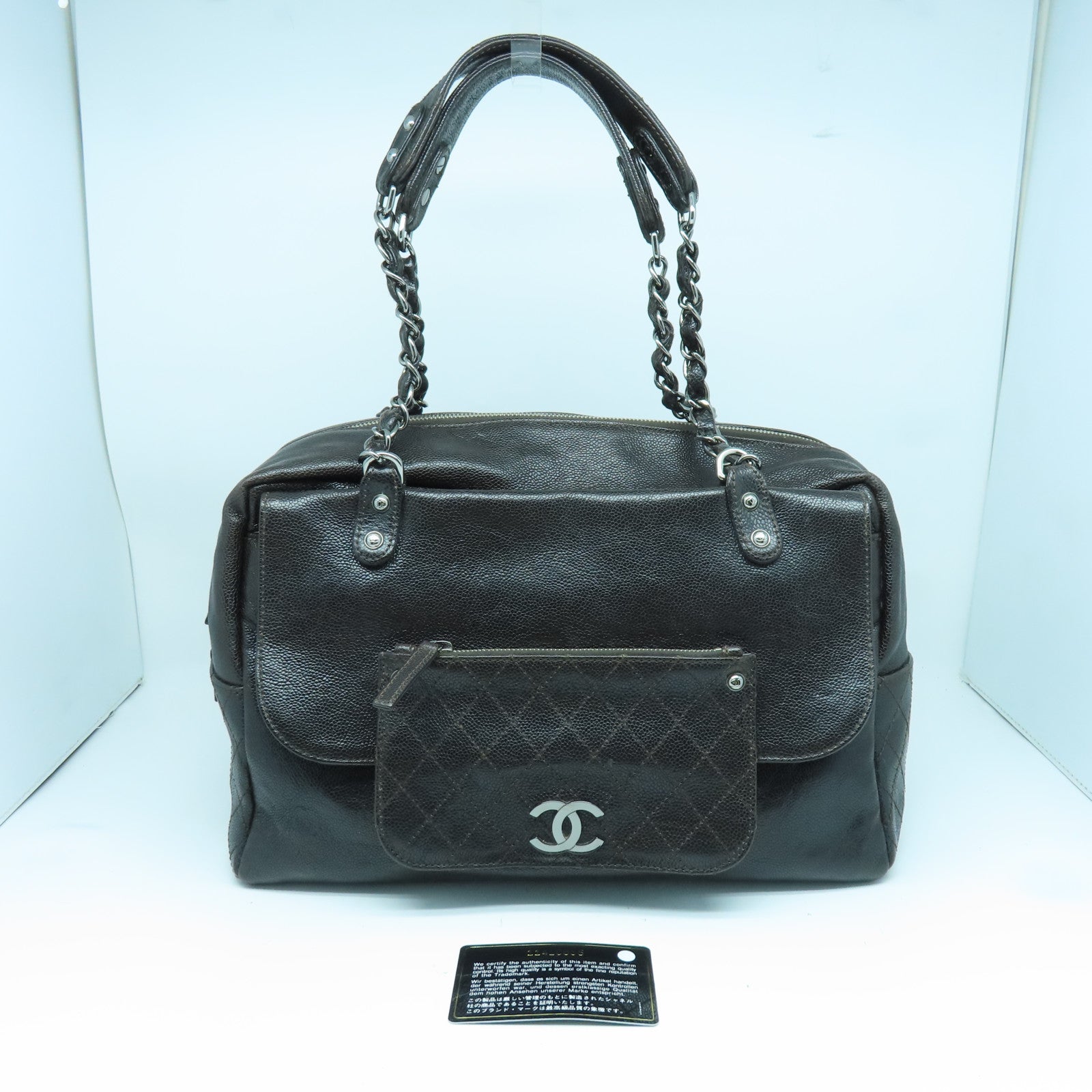 CHANEL 牛皮皮革Shoulder Bag银扣链带肩背袋黑色