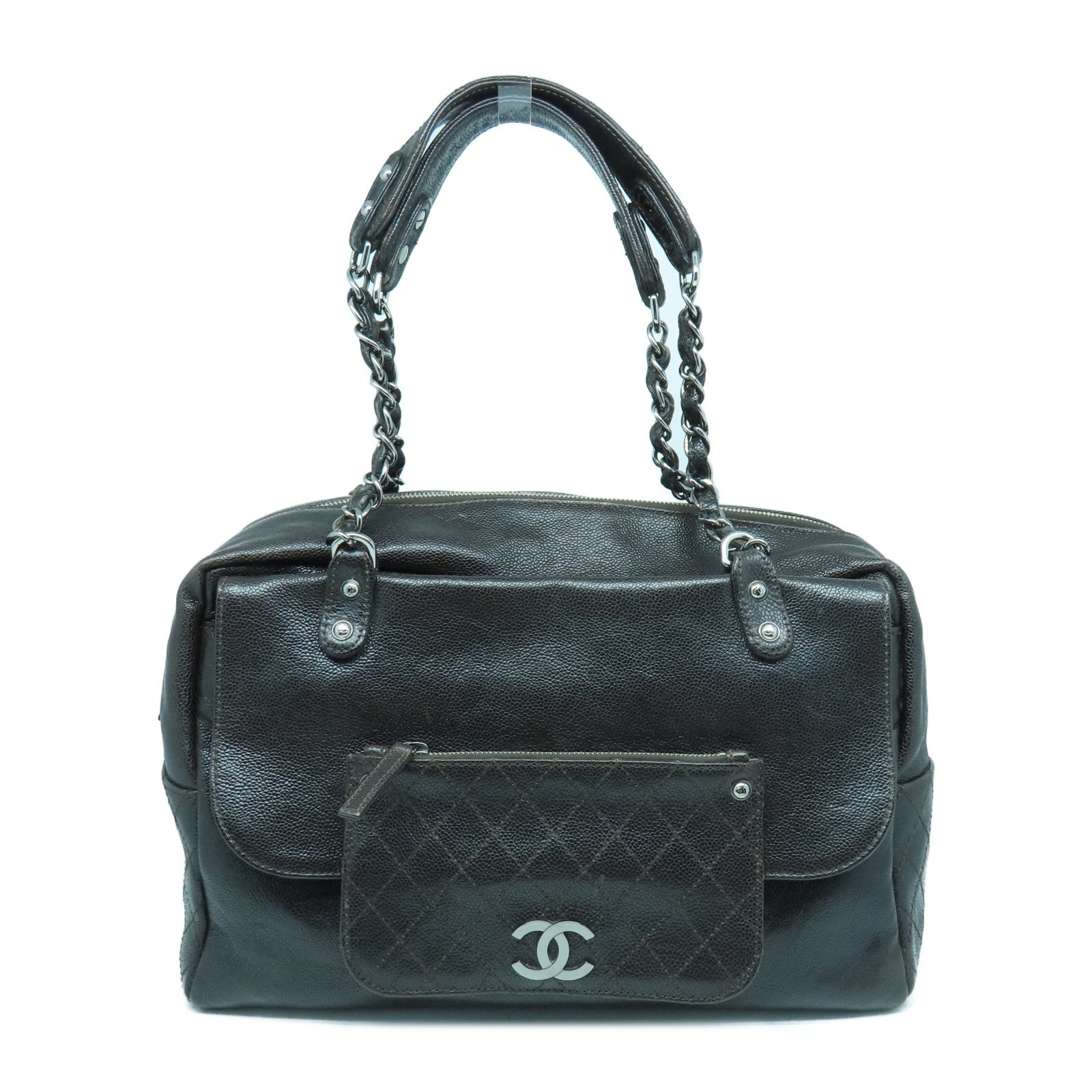 CHANEL 牛皮皮革Shoulder Bag银扣链带肩背袋黑色