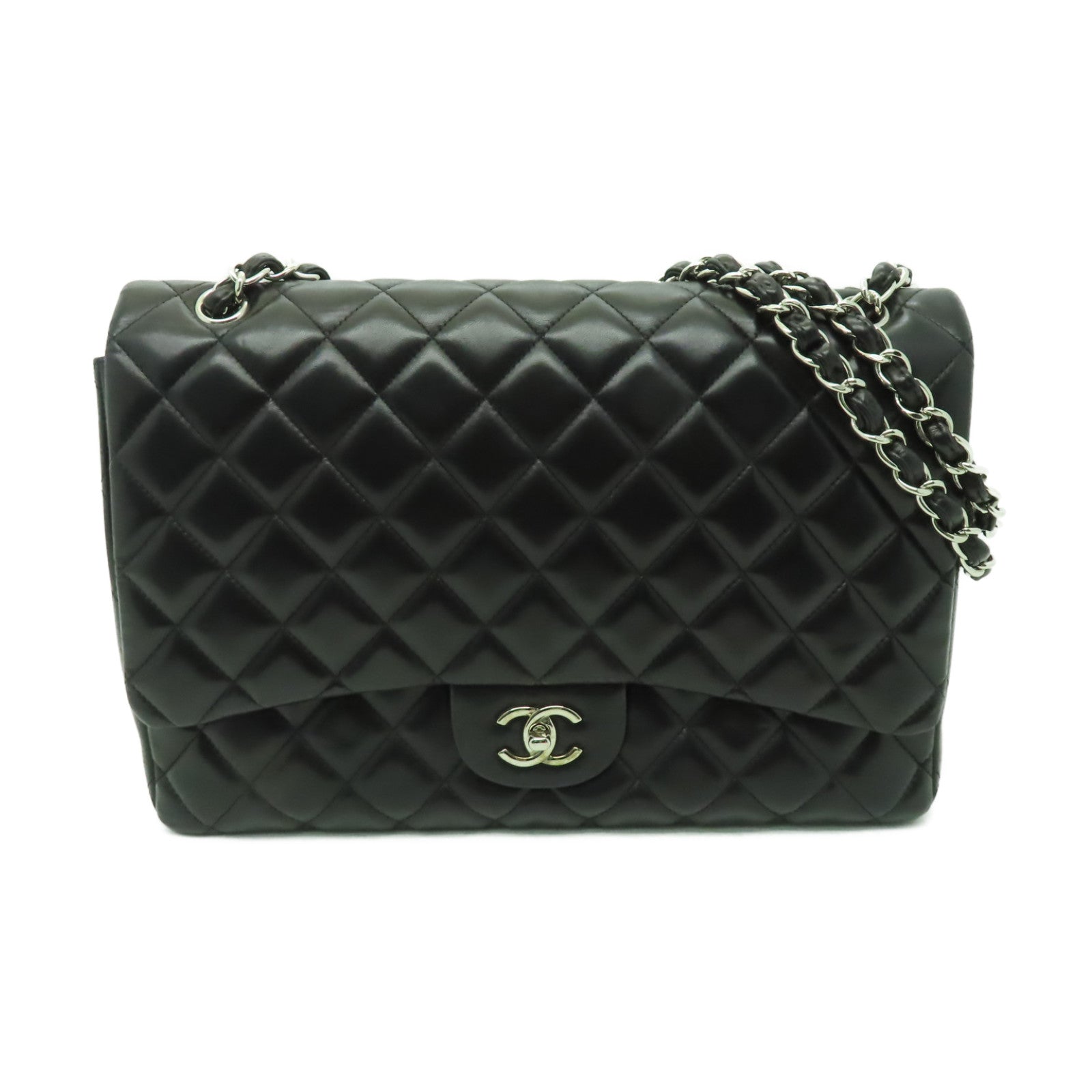 CHANEL 【激減優惠】菱格羊皮皮革Classic Maxi銀扣鏈帶肩背袋黑色