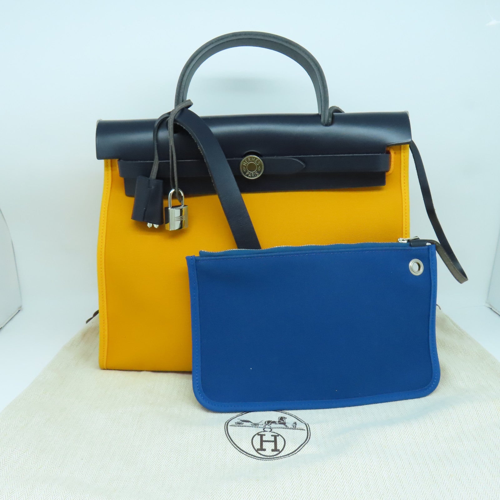HERMES 帆布/皮革Herbag PM銀扣手挽肩背兩用袋黃色/黑色