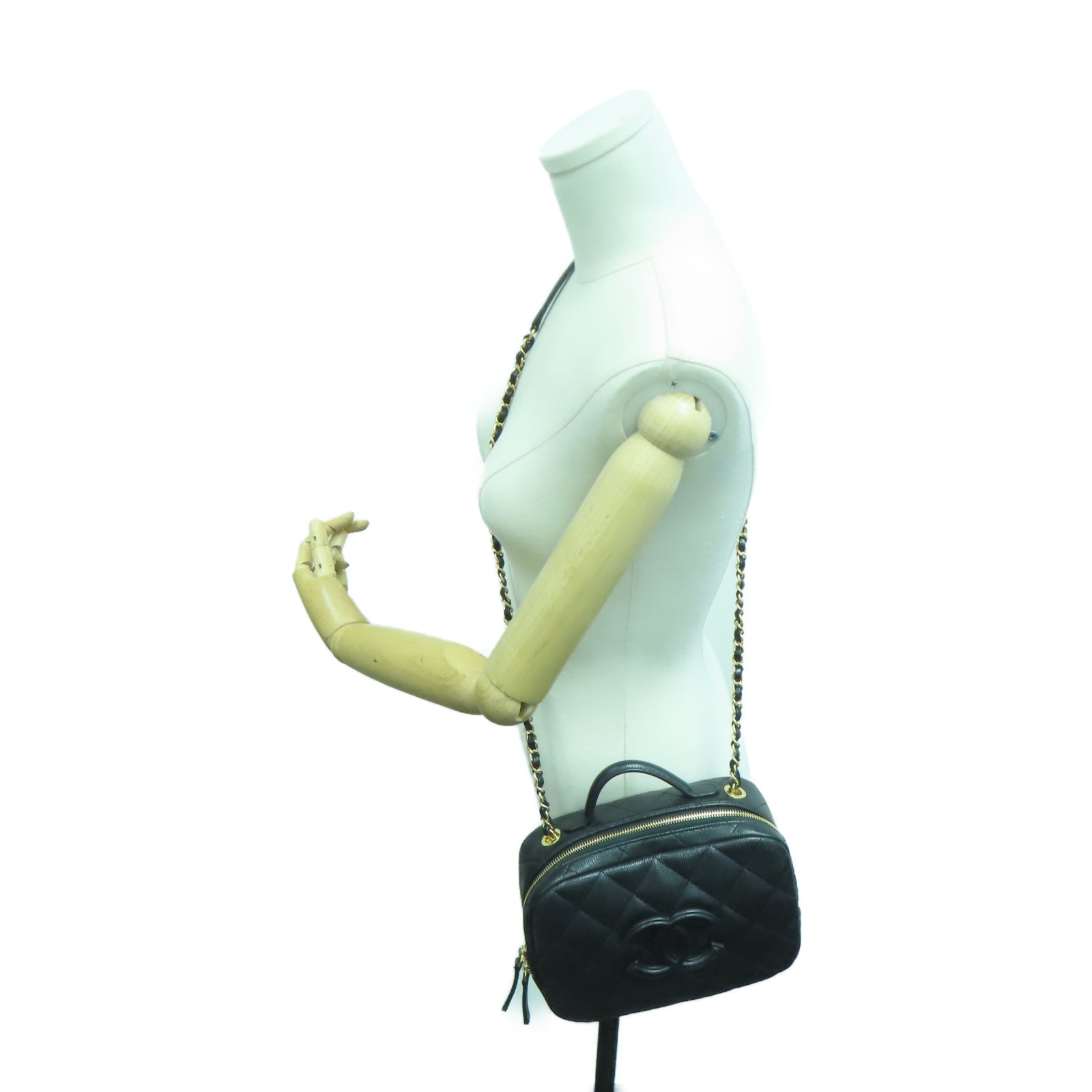 CHANEL 菱格Caviar皮革2 Way Chain Shoulder金扣链带肩背袋黑色