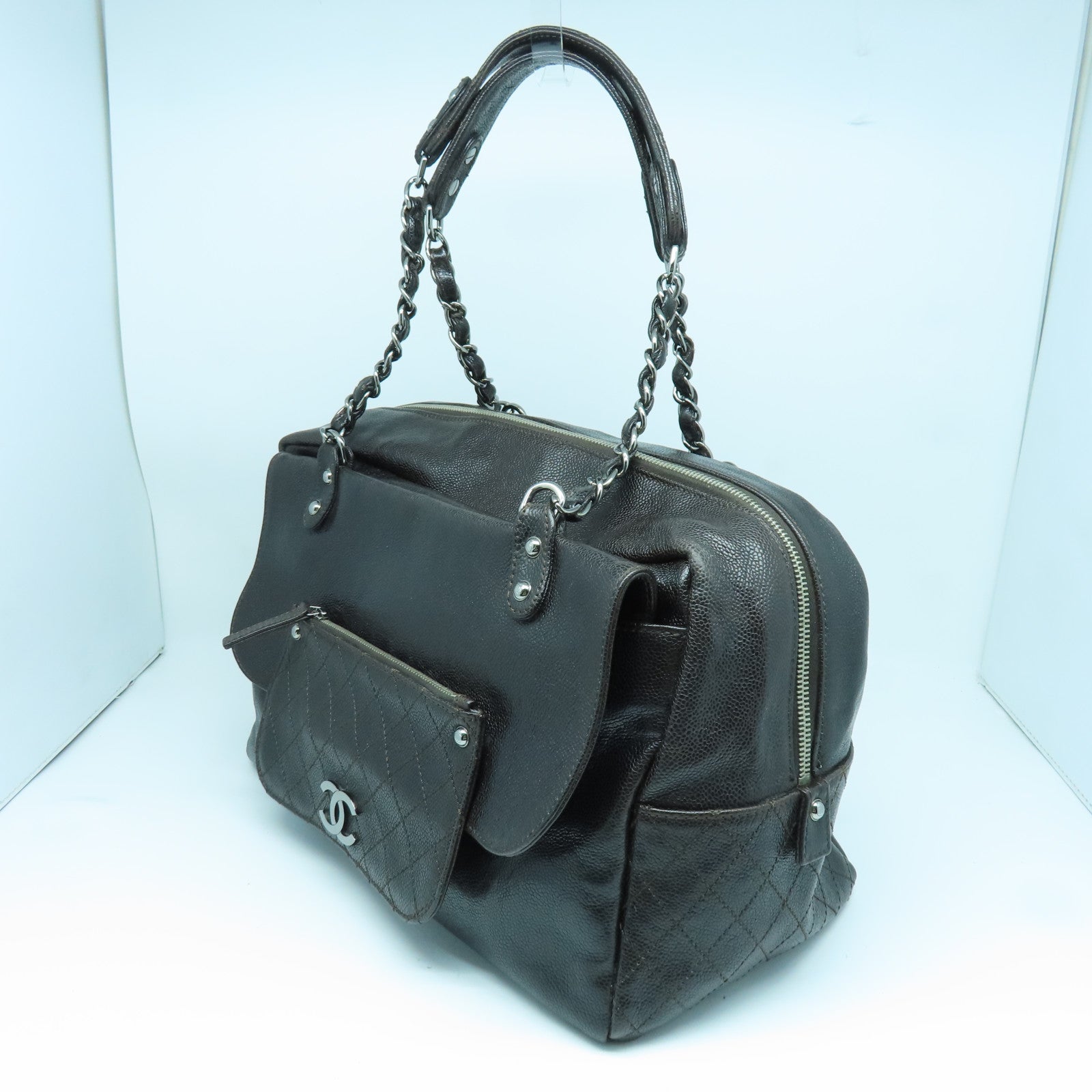CHANEL 牛皮皮革Shoulder Bag银扣链带肩背袋黑色