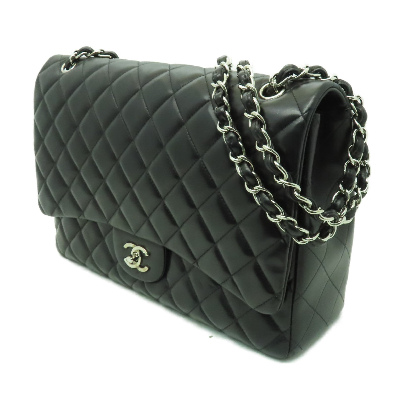 CHANEL 【激減優惠】菱格羊皮皮革Classic Maxi銀扣鏈帶肩背袋黑色