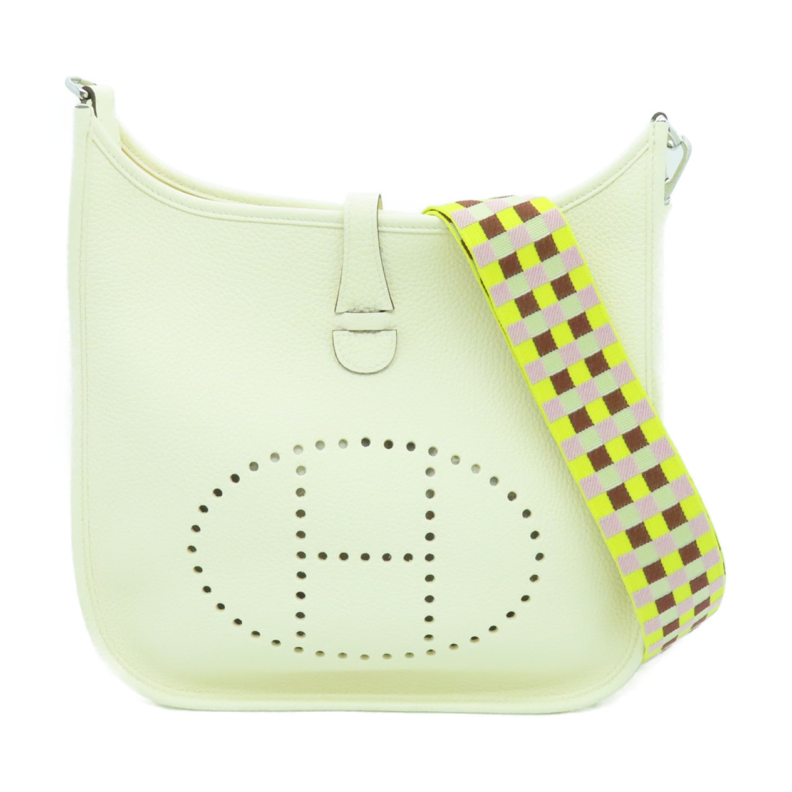 HERMES Clemence皮革Evelyne PM银扣肩背袋Nata白色