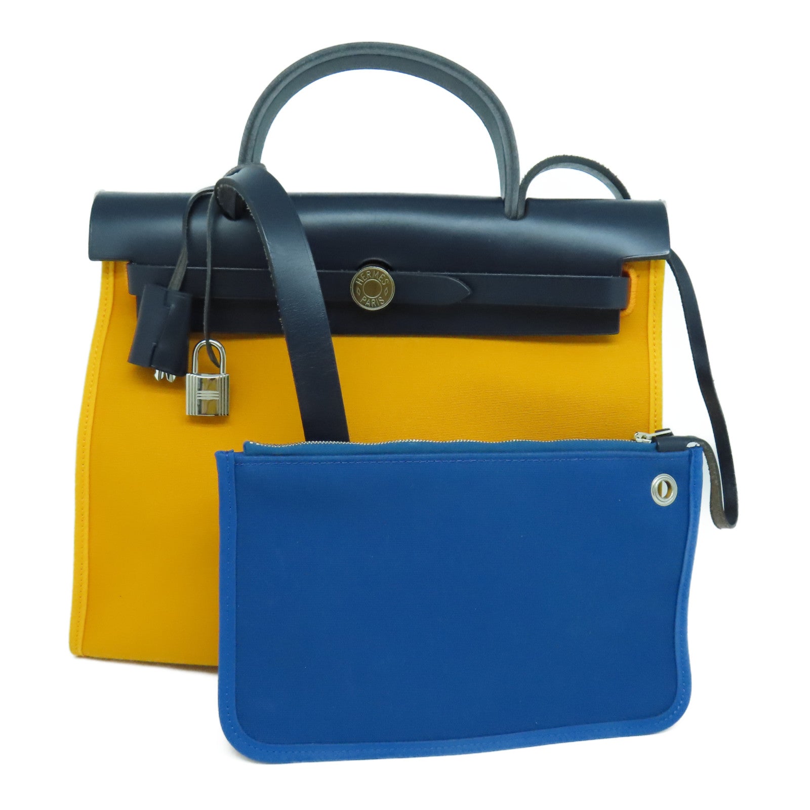HERMES 帆布/皮革Herbag PM銀扣手挽肩背兩用袋黃色/黑色