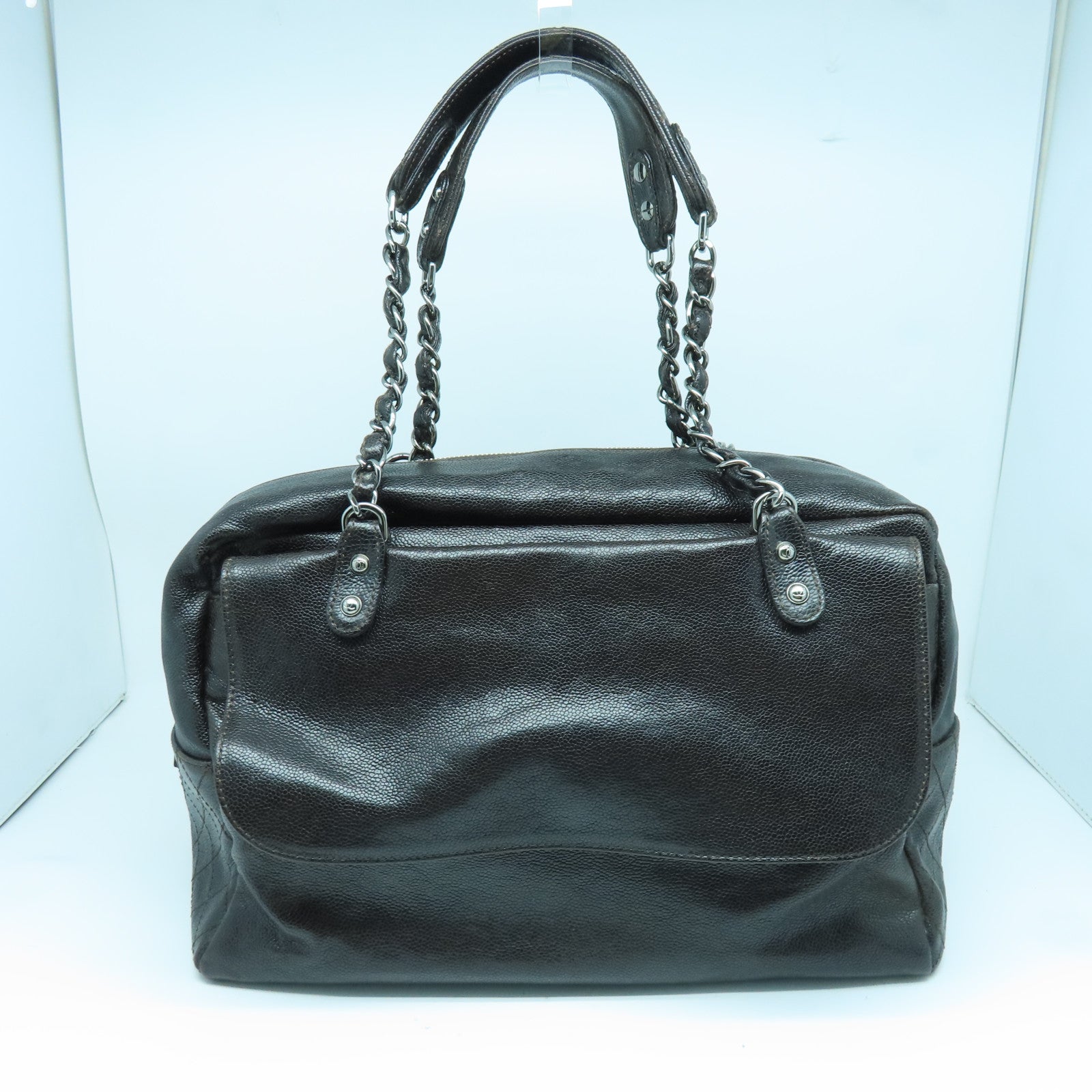 CHANEL 牛皮皮革Shoulder Bag银扣链带肩背袋黑色