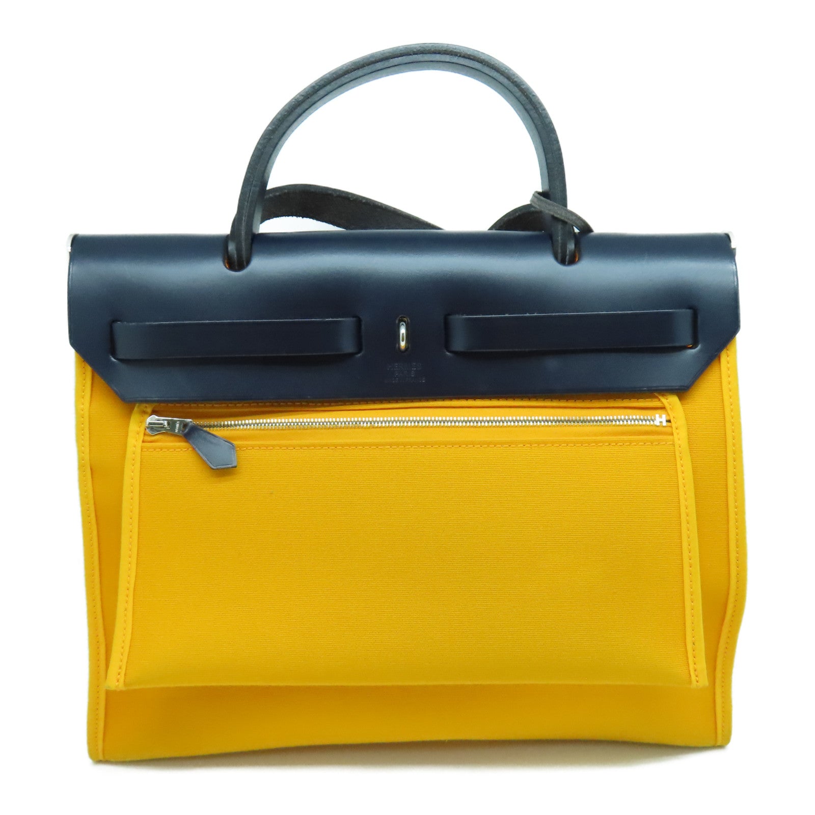 HERMES 帆布/皮革Herbag PM銀扣手挽肩背兩用袋黃色/黑色
