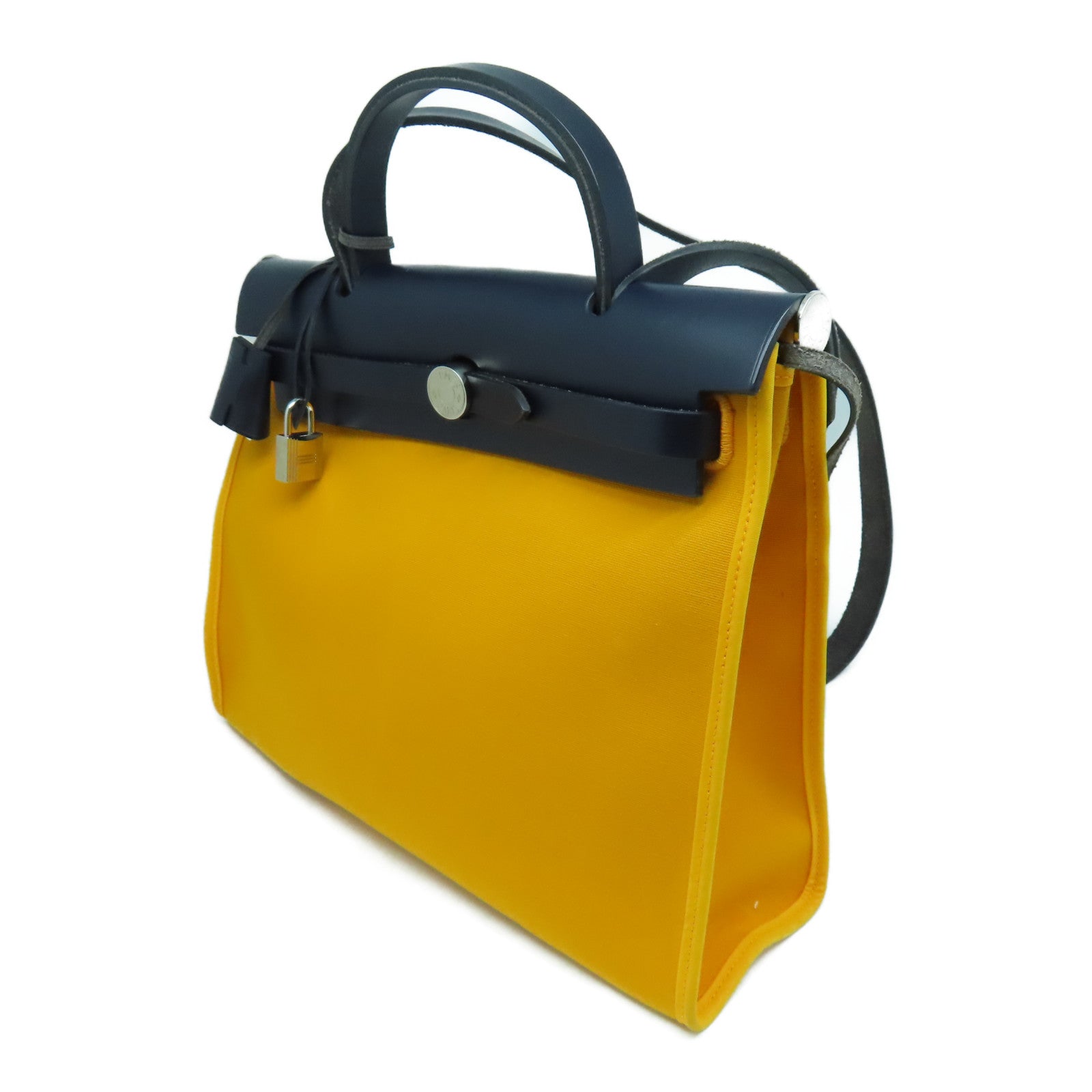 HERMES 帆布/皮革Herbag PM銀扣手挽肩背兩用袋黃色/黑色